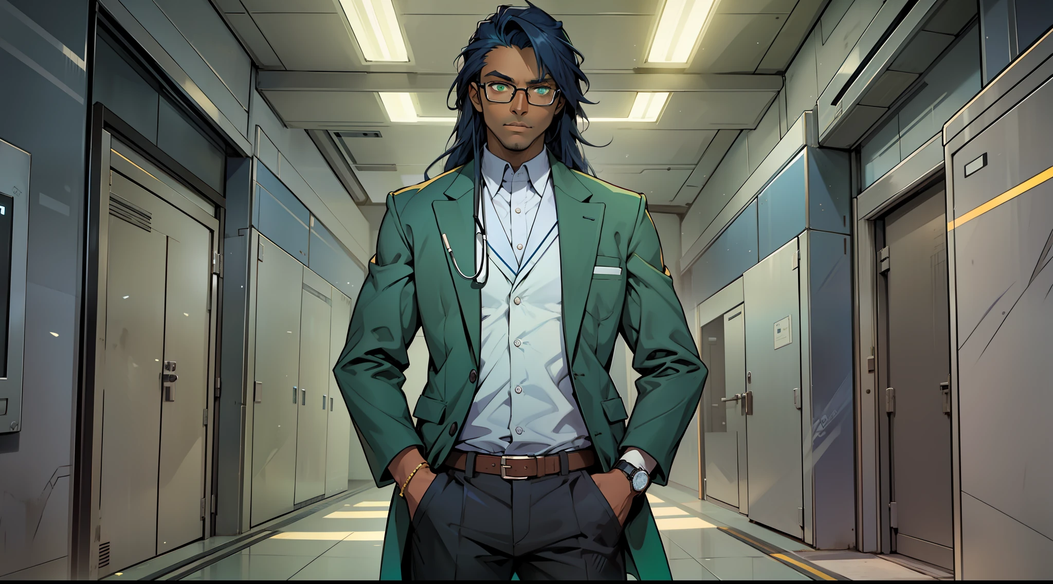 doctor, man, long dark blue hair with pointy, dark skin, square glasses, green eyes, portals opening in the background, hand in pocket, black pants, sexy