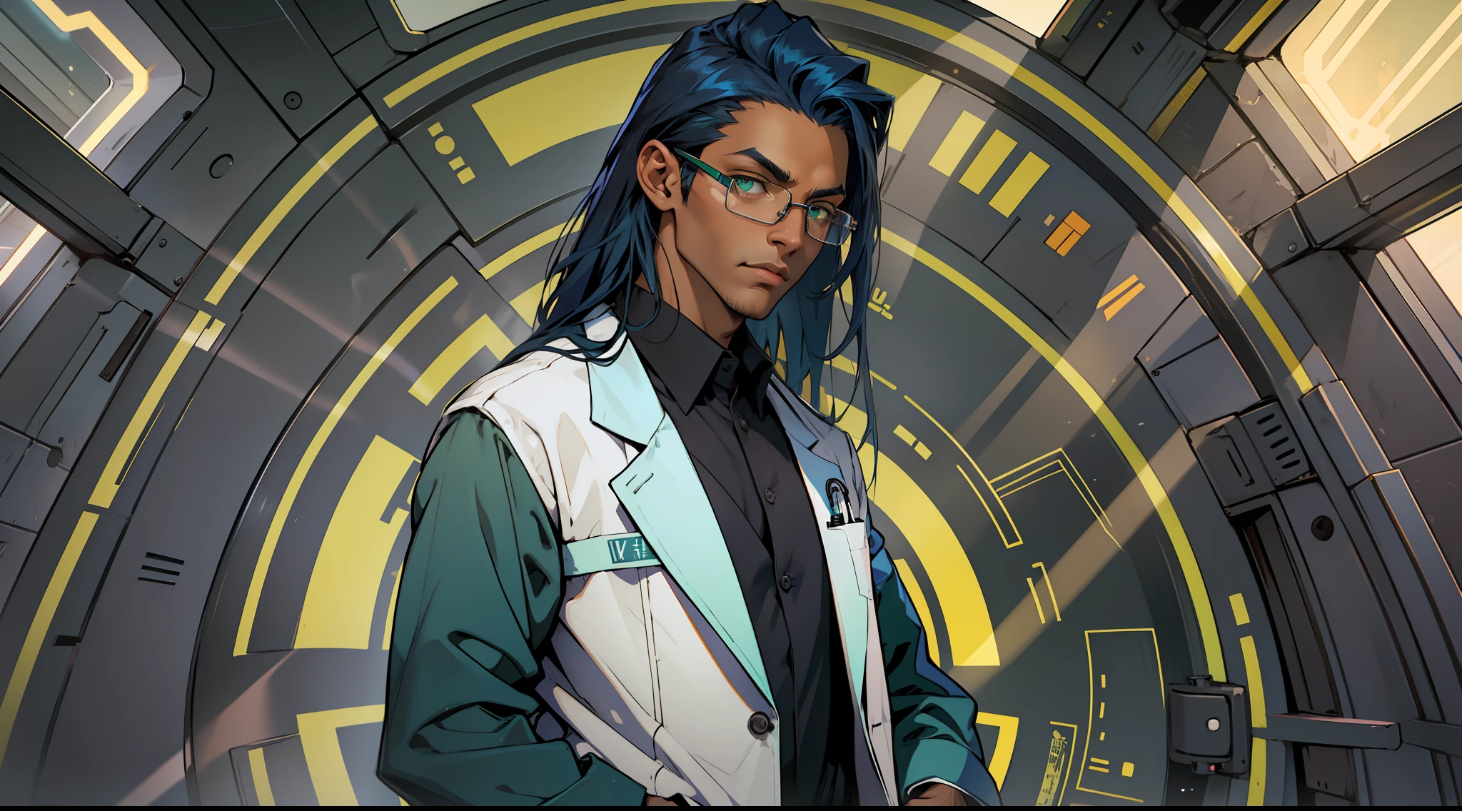 doctor, man, long dark blue hair with pointy, dark skin, square glasses, green eyes, portals opening in the background, hand in pocket, black pants, sexy