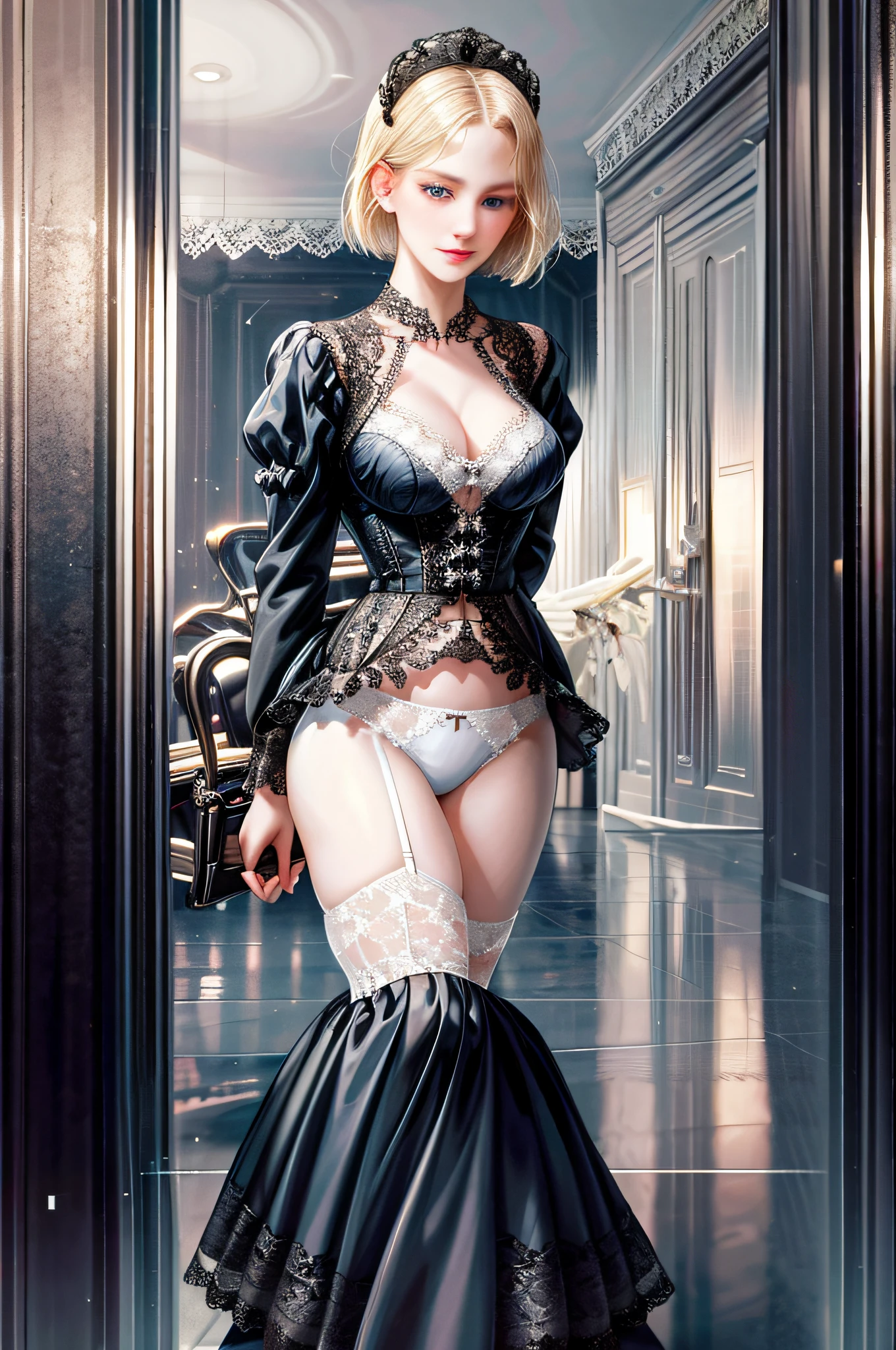 Aristocratic young woman、blond hair、Blue-eyed girl、Shortcut Bob、Carrier Woman、Urban skyscrapers、Black suit、Open in front of jacket、Cleavage braless areola、Mini Tight Skirt Slit、Girl with blonde hair and blue eyes、beautifully、thinly((White sheer blouse、Black silk underwear、Underwear bite、Sexy Pose、Lower body slender、back view、Look at the window、stick out ass、On all fours、Buttocks facing this way、Hair is short bob female,、((White sheer blouse))、No Bra、Underwear bite、Sexy Pose、Lower body slender、Behind the woman、There are windows showing the different buildings of the city(absurdity、high definition、super detailed)、