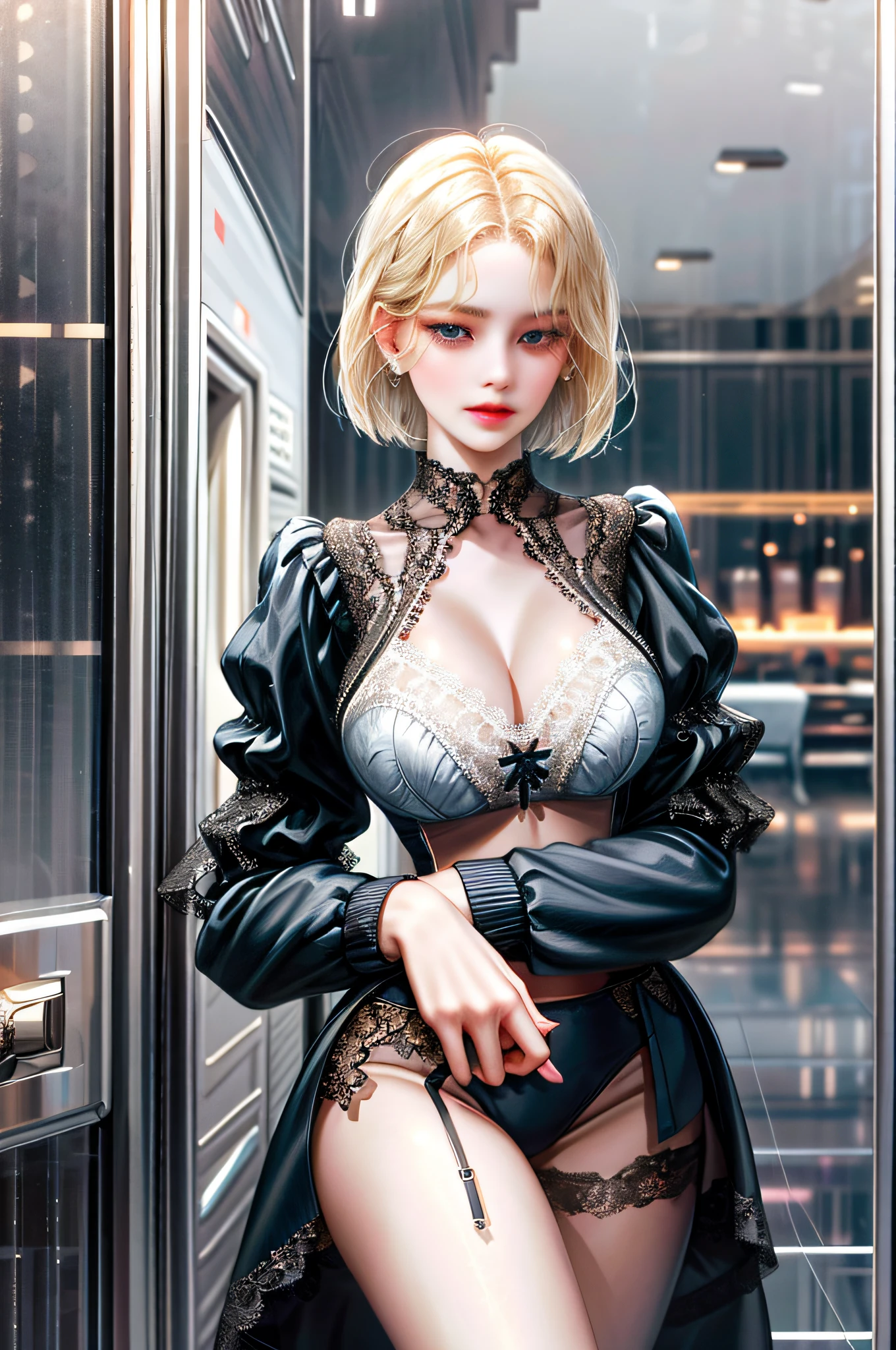 aristocratic young woman, blonde, blue-eyed girl, short bob, carrier woman, urban skyscraper elevator, black suit, jacket front open, cleavage braless, mini flared skirt slit, ((looks (lace white underwear flicker)),