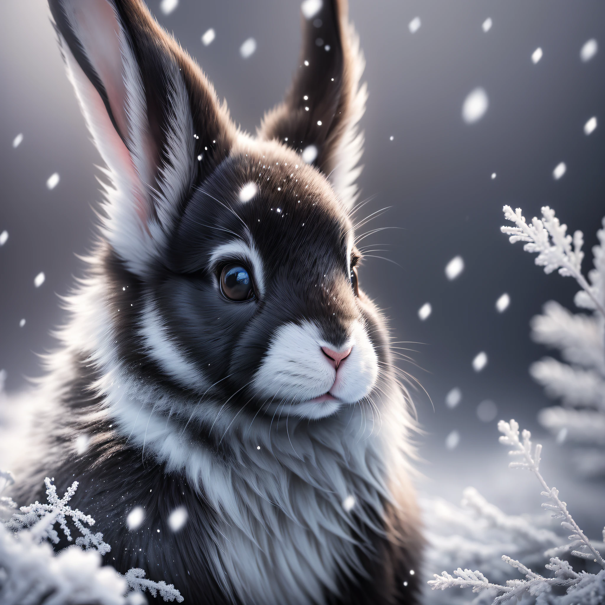 Black, A Rabbit Close-Up Photo, Ultra Close Up, Blurred Foreground, Winter, Snowflakes, Breathtaking, Realism, Masterpiece, Volumetric Light, Backlight, Sunlight, Glow, Soft Colors, Low Saturation, Furry, Firefly, Volumetric Fog, Halo, Bloom, Center, Rule of Thirds, 200mm 1.4F Macro Shot