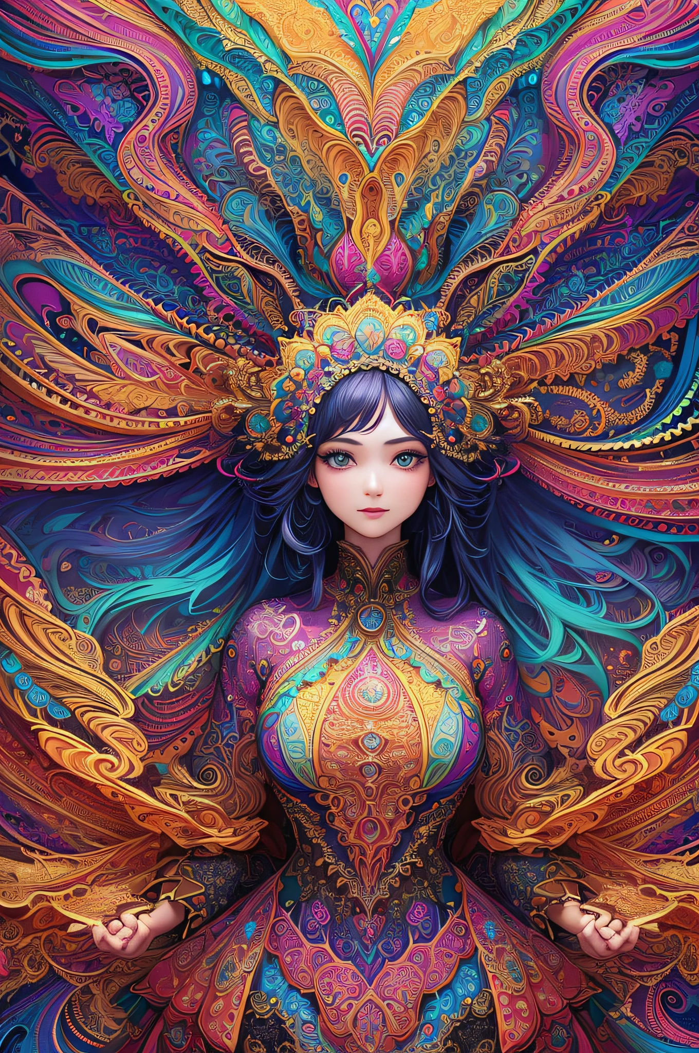 (masterpiece, top quality, best quality, official art, beautiful and aesthetic:1.2), (1girl:1.3), extremely detailed,(fractal art:1.2),colorful,highest detailed,(zentangle:1.2), (dynamic pose), (abstract background:1.5), (treditional dress:1.2), (shiny skin), (many colors:1.4), upper body