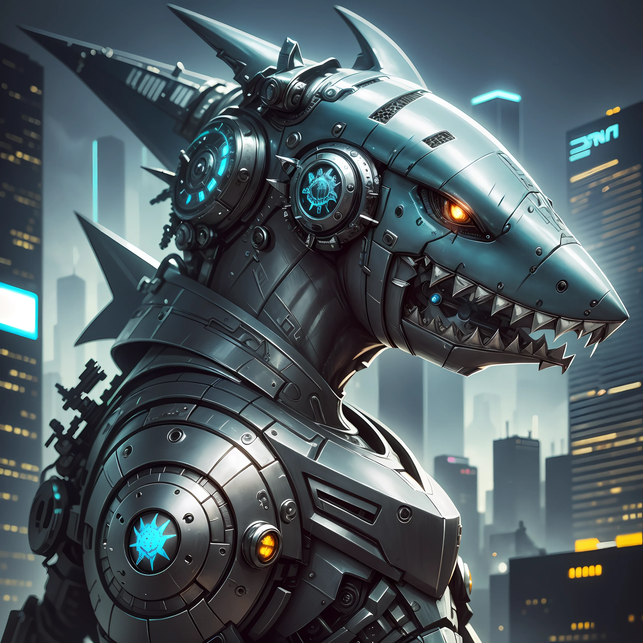 a cute shark made out of metal, cyborg, cyberpunk style, ((intricate details)), hdr, ((intricate details, hyperdetailed)), cinematic shot, vignette --auto --s2