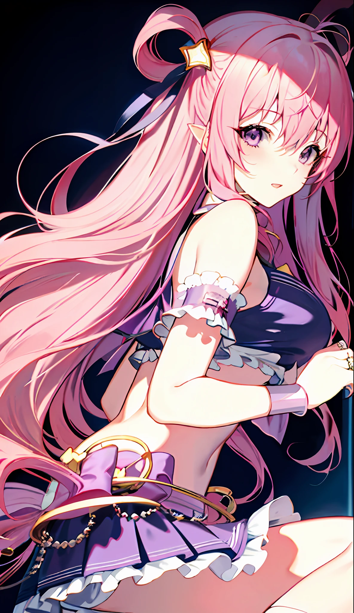 Front-facing, masterpiece, top quality, 8K animation, detailed fingers, precise fingers, not unnatural hands, illustration, 1 girl, solo, sagging eyes, rings in the hair, long pink hair, purple bikini bra, miniskirt with white ruffles, white gloves, large purple eyes, Hatsune, gentle expression,