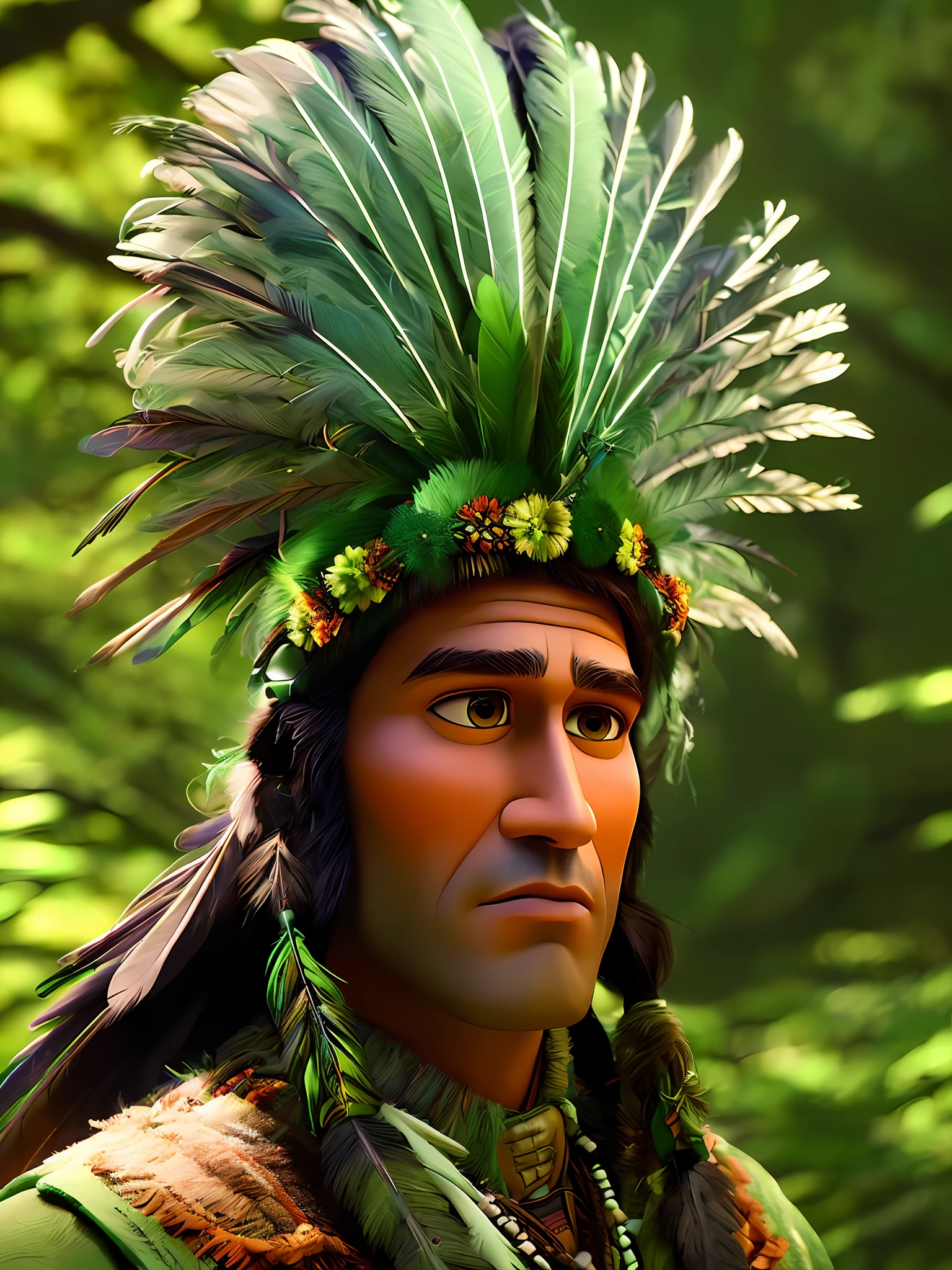 (masterpiece:1.2) (best quality) (super detailed skin) (super detailed texture) (Pixar-style forest hunting scene) (1 Male ((solo)) Native American) (Arch, green feather headdress on head) (8K) (Claymation) (sharp focus) (bokeh) (cinematic lighting)