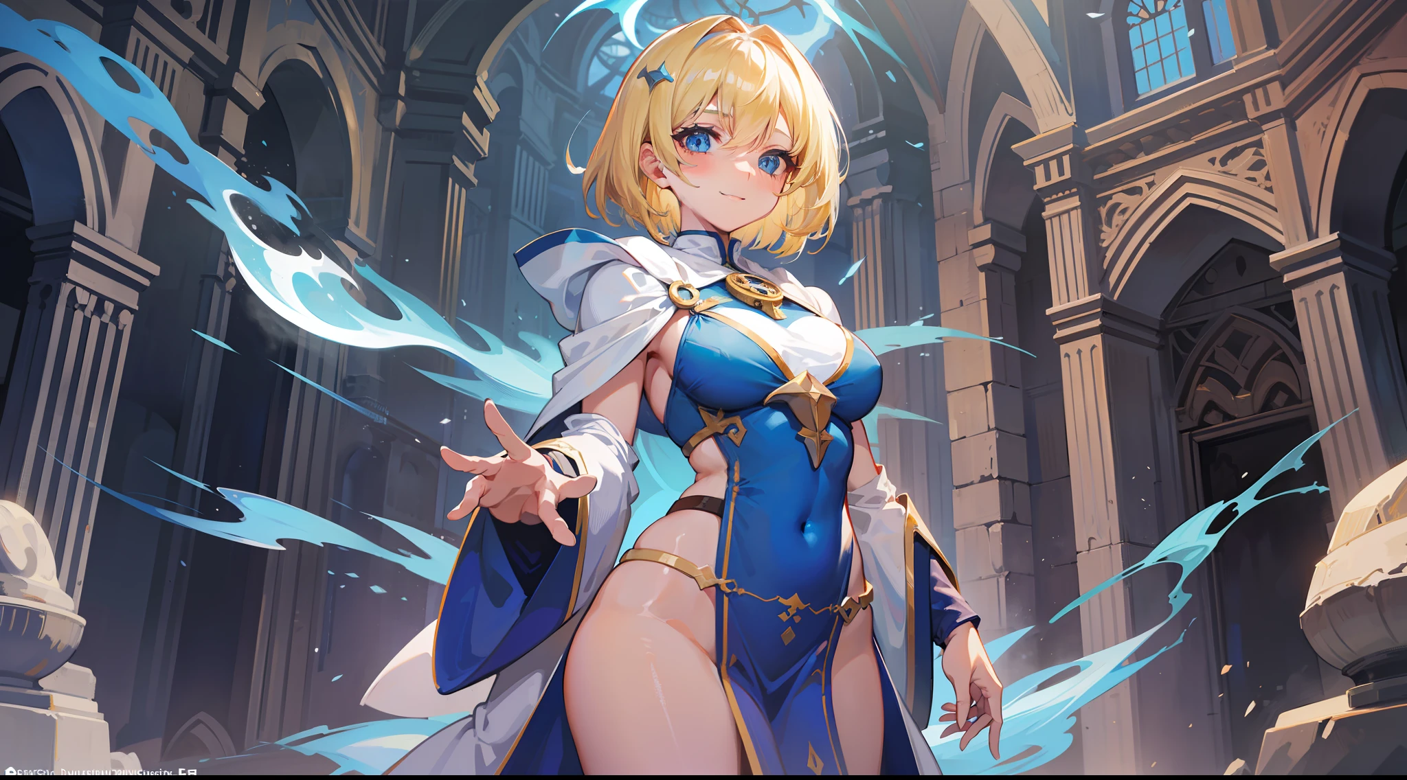a girl, cleric, blonde, short hair, bright blue eyes, beautiful breasts, hair between eyes, bangs, full body, confident, heroic posture, smiling, white and blue robe, fantasy, medieval, magic of sacred light, dusk