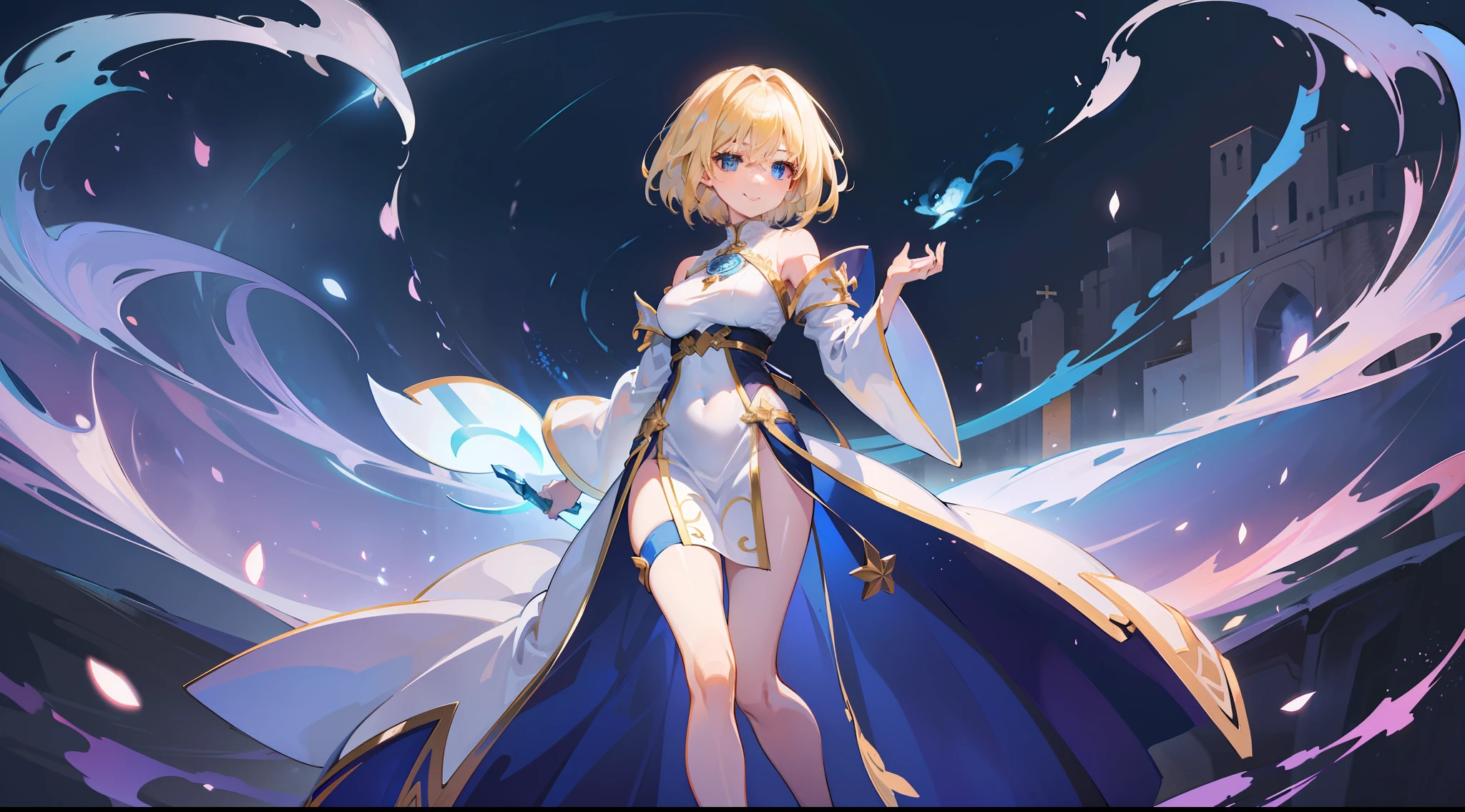 a girl, cleric, blonde, short hair, bright blue eyes, beautiful breasts, hair between eyes, bangs, full body, confident, heroic posture, smiling, white and blue robe, fantasy, medieval, magic of sacred light, dusk