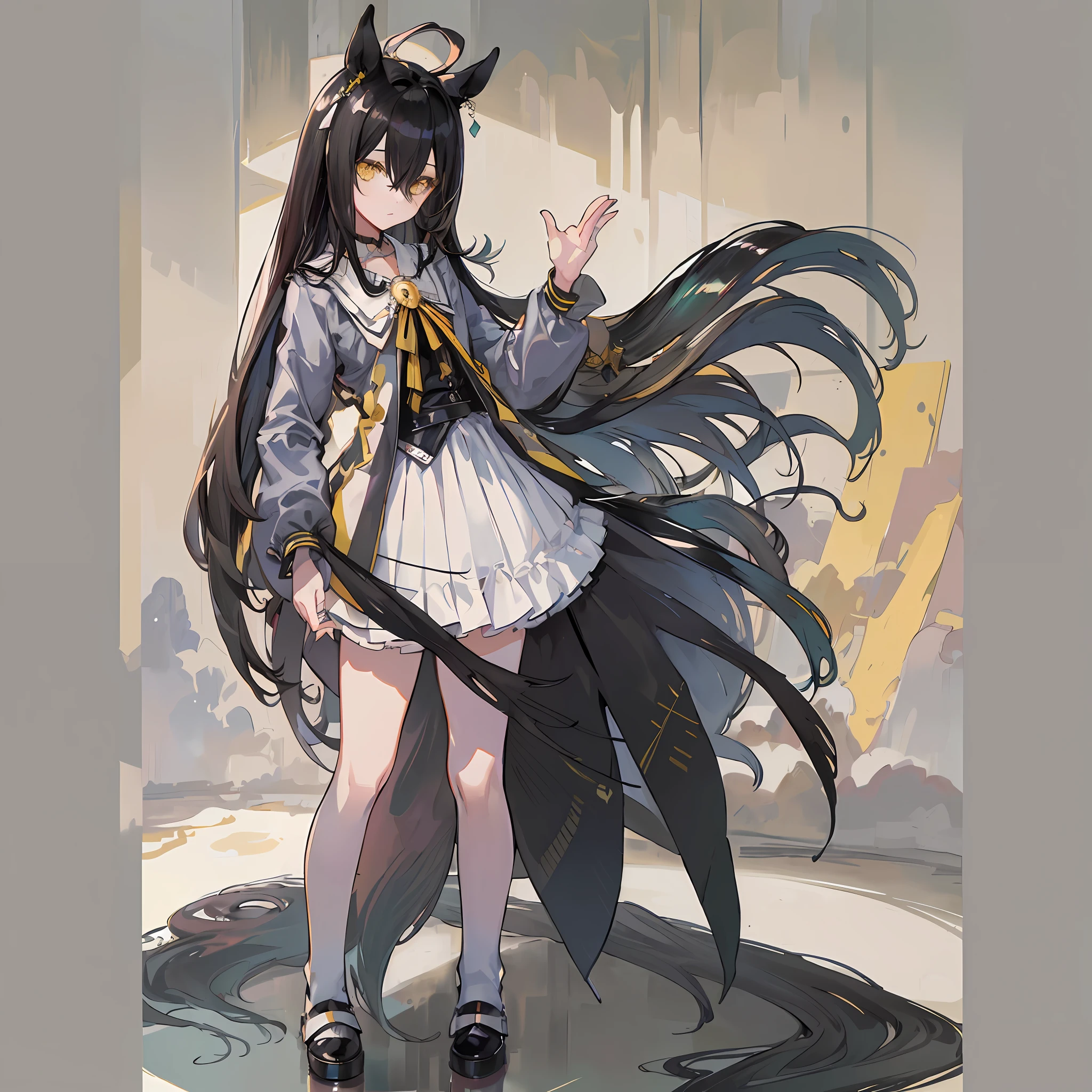 ((Masterpiece)), ((Highest image quality)), ((Best image quality)), (((Illustration of only one girl)), Horse ears, Horse tail, Ahoge of a thin white color independent of black hair, Long black hair, Straight flat, Very thin and long black bangs passing between the eyes, Yellow eyes that shine bewitchingly without highlights, Elongated and beautiful five fingers, ((((Standing)))