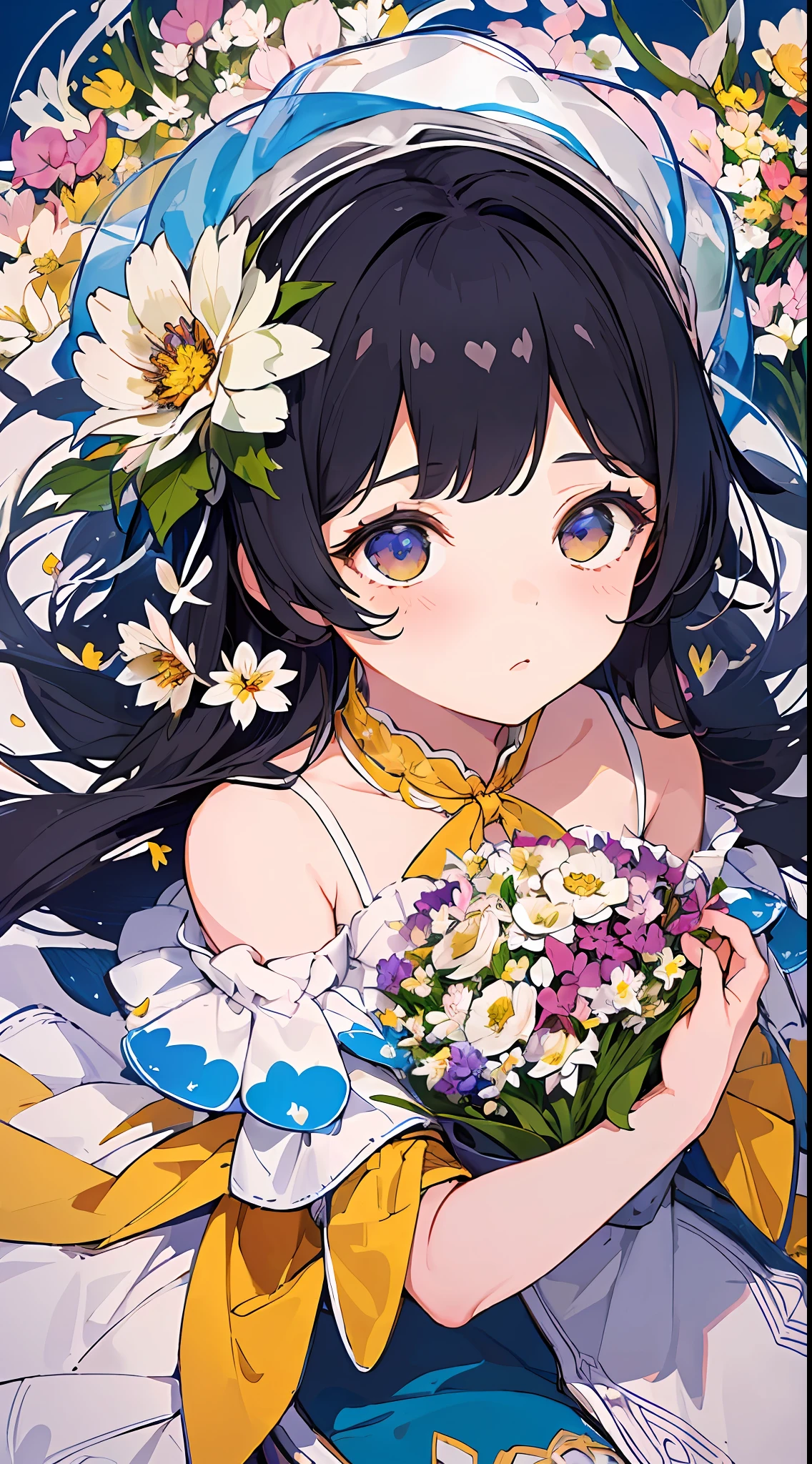 ((masterpiece,best quality)),(1girl, solo:1.4),negative space:1.3,from above,beautiful detailed eyes, vivid, cloudy sky, flower, anemone \(flower\), daffodil, hyacinth,falling petals,sanshoku dango, hanami, picnic, incoming kiss, incoming hug,