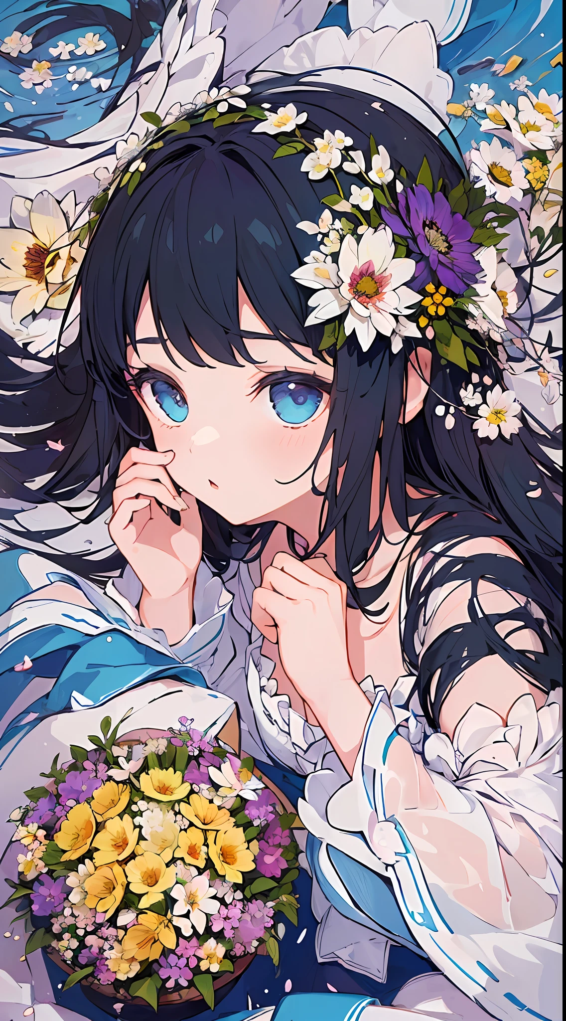 ((masterpiece,best quality)),(1girl, solo:1.4),negative space:1.3,from above,beautiful detailed eyes, vivid, cloudy sky, flower, anemone \(flower\), daffodil, hyacinth,falling petals,sanshoku dango, hanami, picnic, incoming kiss, incoming hug,
