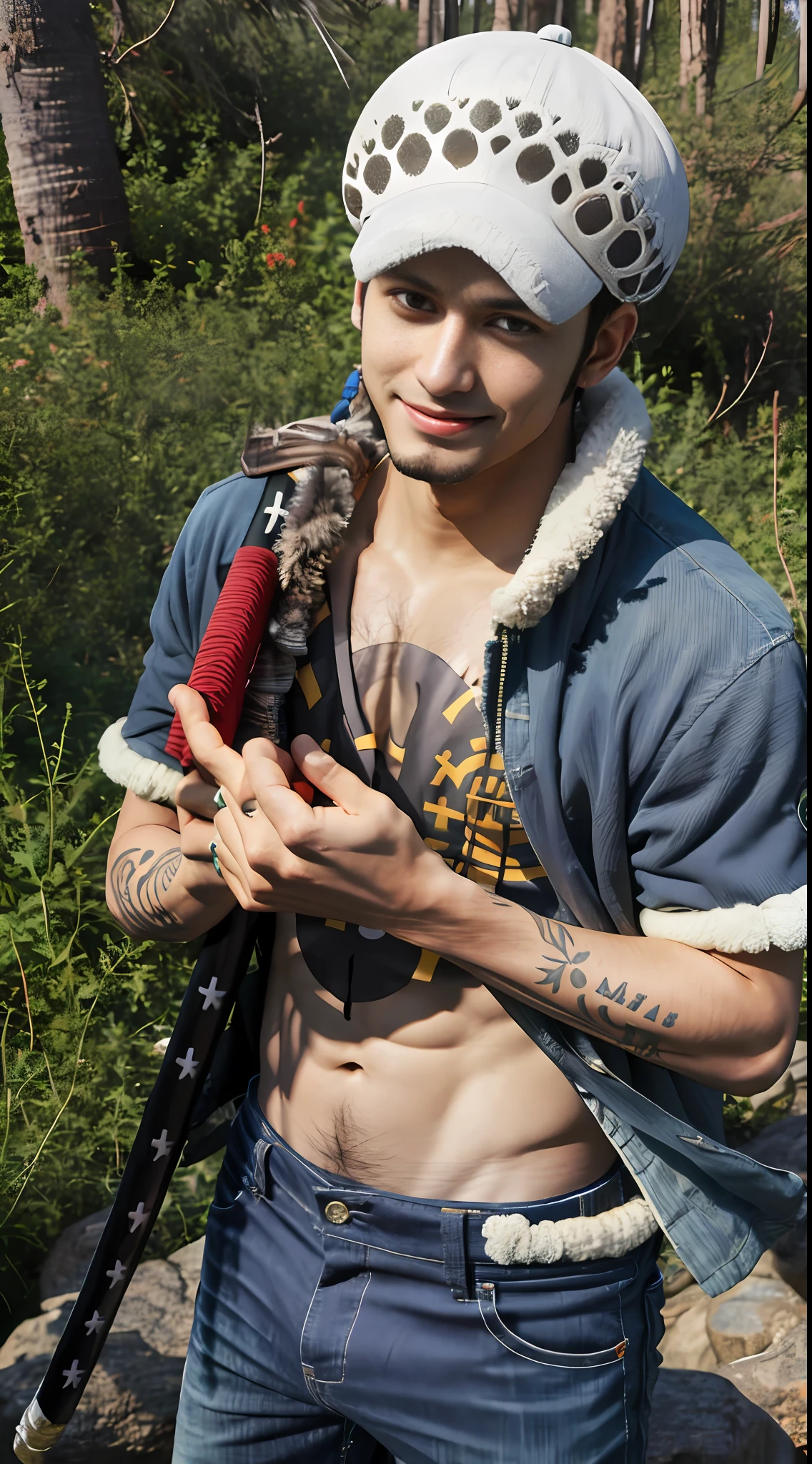 ((masterpiece:1.4, best quality)), ((masterpiece, best quality)), (photo realistic:1.4), sword, male, 1boy, young, cool, big eyes, dark circles under the eyes, Trafalgar law, law, hat , ears, hatcorazon coat, chest tattoo, forearm tattoo, hand tattoo, shoulder tattoo, muscular, slim, pose, long pants, jungle, outback, unexplored region, forest, sea, sky, smiling, professional lighting, physically-based rendering