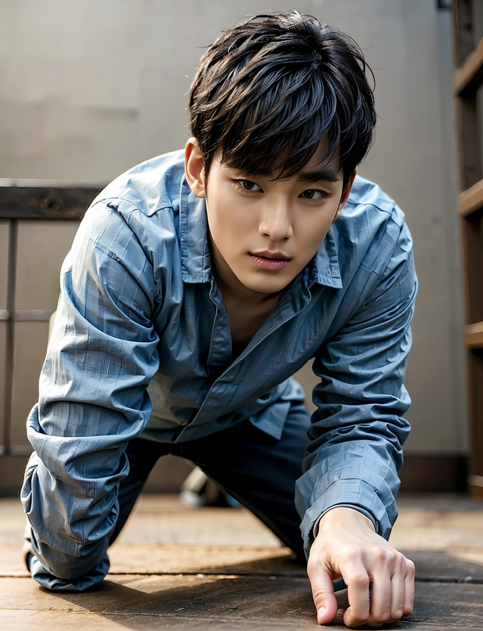 Solo, male focus, (masterpiece, ultra quality, high resolution, 8k, intricate: 1.2), (detailed face:1.2), handsome, Young Korean man , , detailed skin, 1boy, ((realistic)), (Crawling on All Fours, Kneeling),shirtless