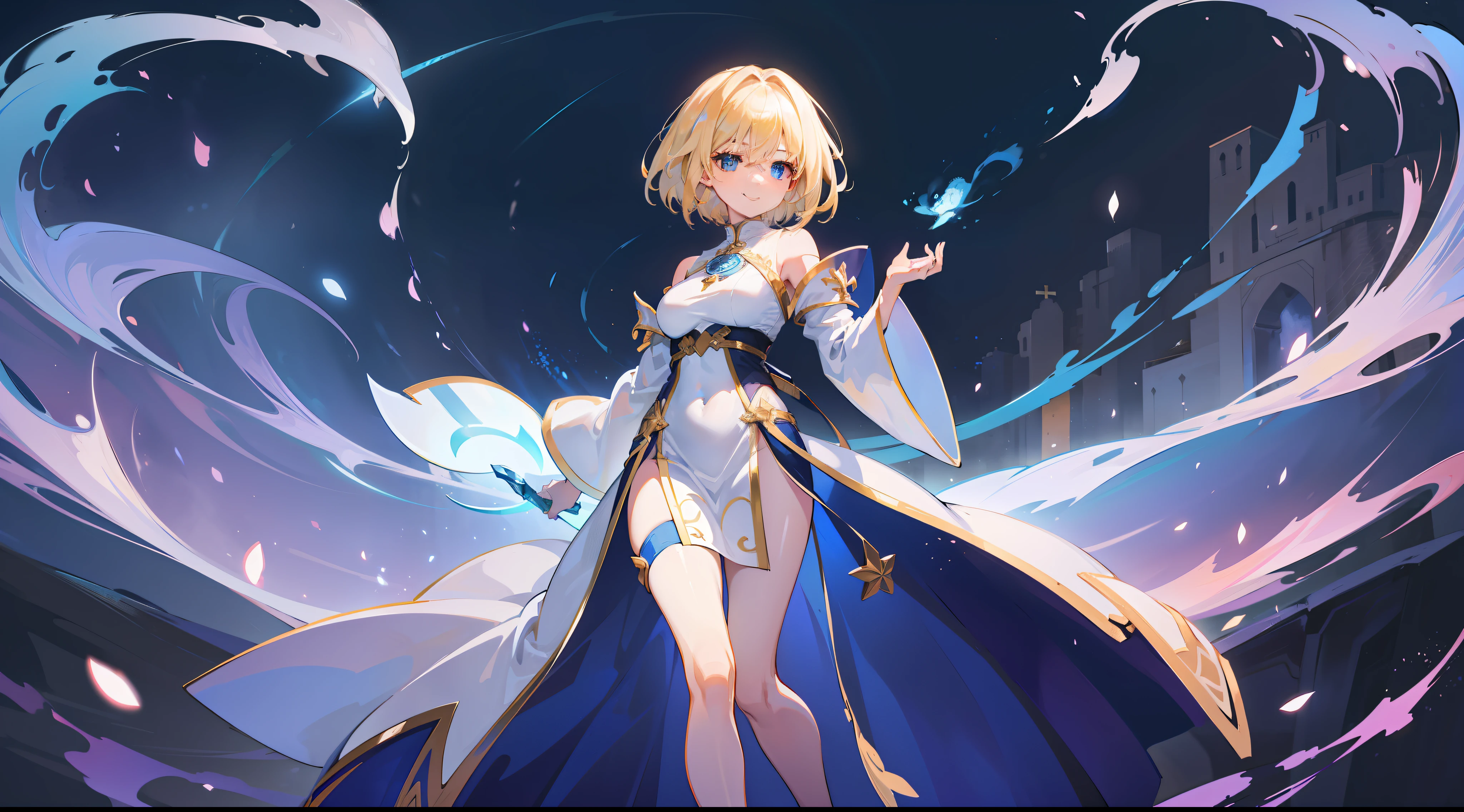 a girl, cleric, blonde, short hair, bright blue eyes, beautiful breasts, hair between eyes, bangs, full body, confident, heroic posture, smiling, white and blue robe, fantasy, medieval, magic of sacred light, dusk