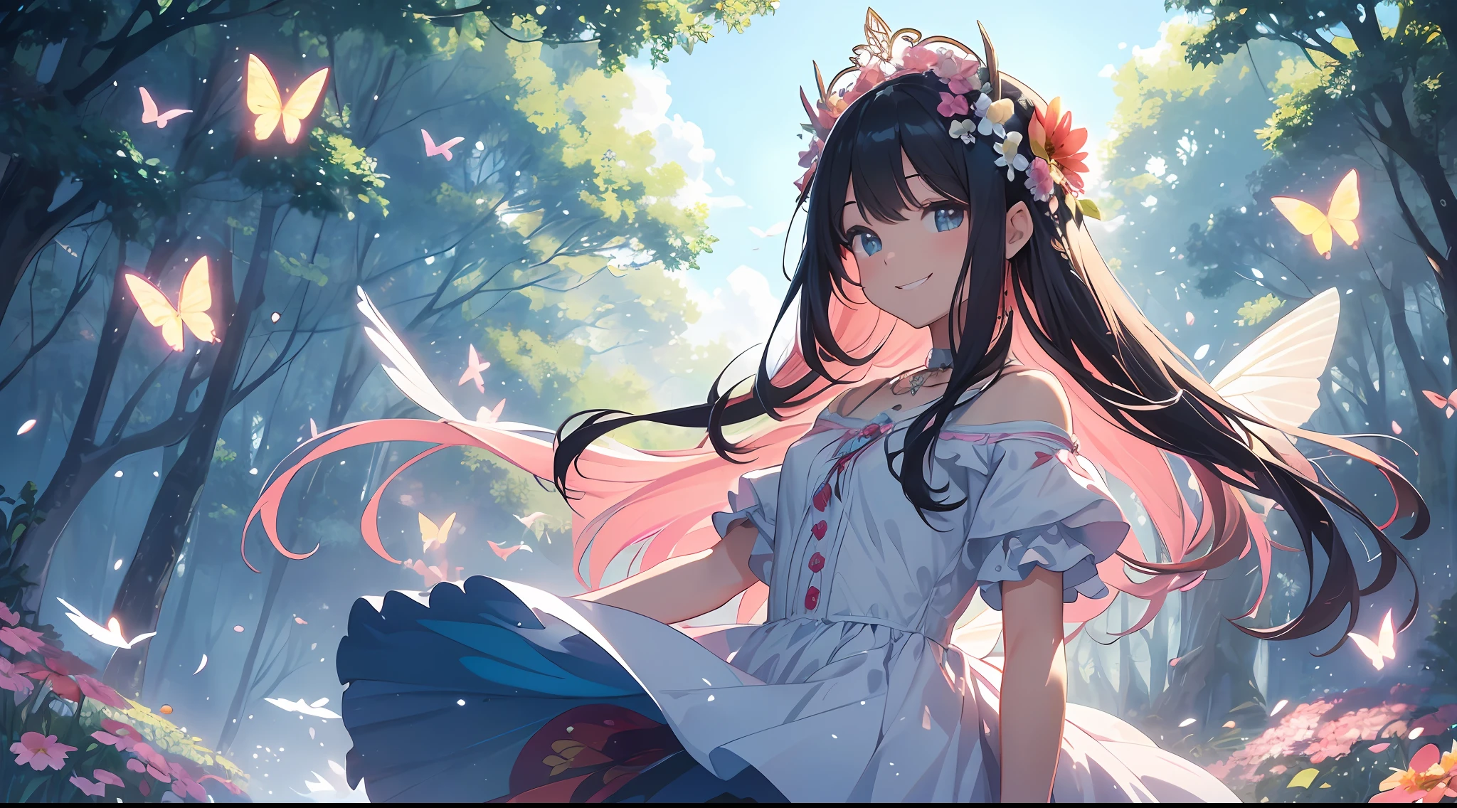 ((SFW))), Masterpiece, (High Quality), ((Photoreal)), (Cinematic Direction), (High Contrast), (Depth of Field: 1.3), (Award-winning Difference Photo: 1.1), (Face Detail), Detailed Drawing, There is a place in the forest where flowers bloom, Girl dancing in a snow-white summer dress in the flower field, Animals are jumping happily around the girl, Colorful little birds and butterflies flying around the girl, the girl is , black hair very long hair, flower crown, full body figure, summer sky, summer daytime, summer clouds, summer dazzling sunshine, (flower garden), girl with open arms, dancing, necklace, (((smile)), smile, happy, fun, girl looking up at the sky, deer, flapping duck, flapping goose, hummingbird, European bulbul, kingfisher, European Ooruli, ((Butterfly)), (Dazzling halo light), (Dazzling glow: .1.6), (Glow: 1.3), Backlit, (Multicolored petals soar in the wind: 1.4), Strong wind, Toothless, Colorful flowers, (Divine Light), Mystical Glow, Anime Girl, Anime Face, Anime Eyes, Anime Nose, Anime Mouth,
