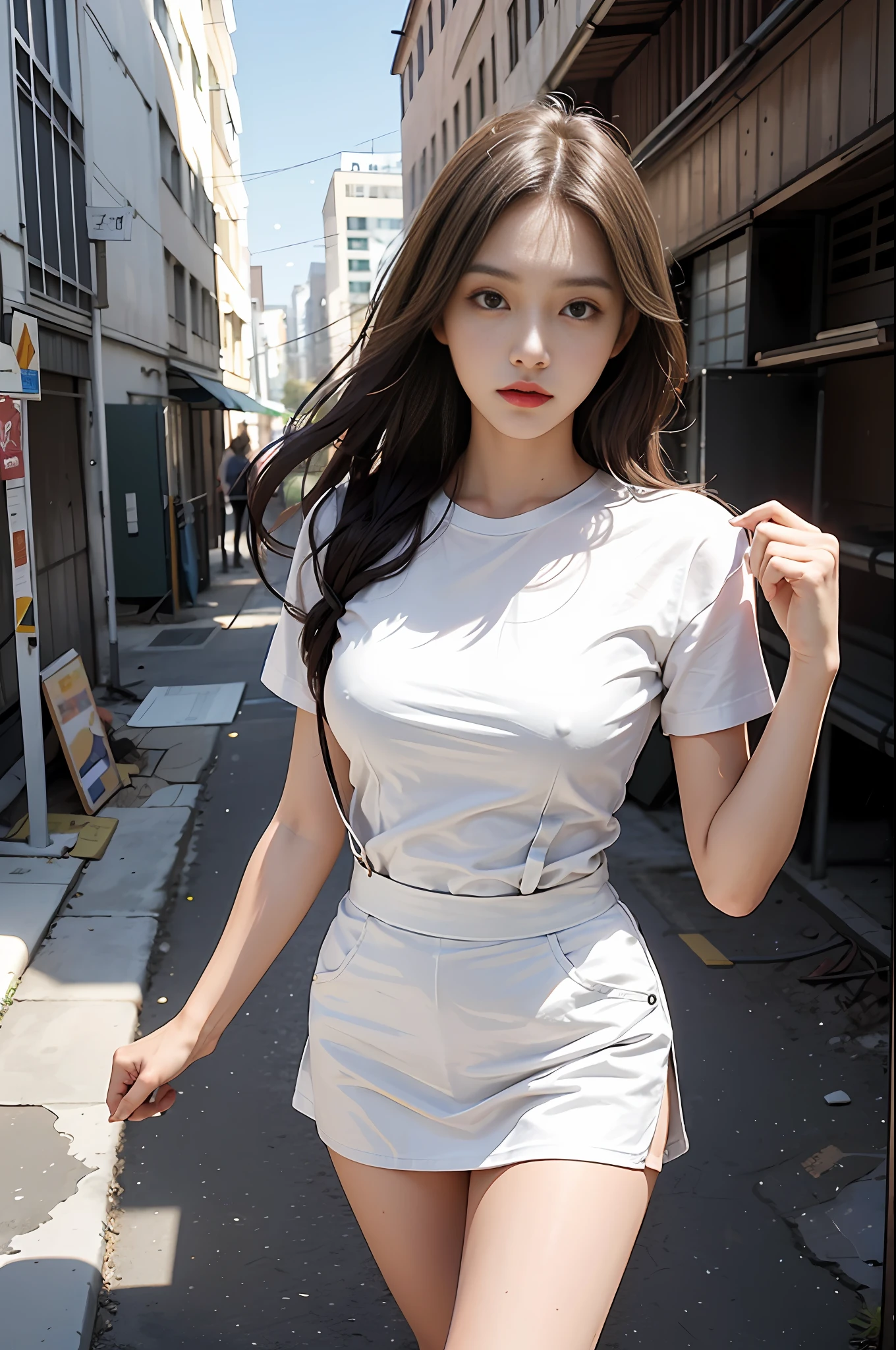 Super fine quality, photo texture, real: 1.2, beautiful woman, 25 years old, silkscreen t-shirt, tight white t-shirt, suspenders, brown tight skirt, short skirt, slim figure, girly, smaller bust, model figure, bust, face to camera, outdoors, construction site