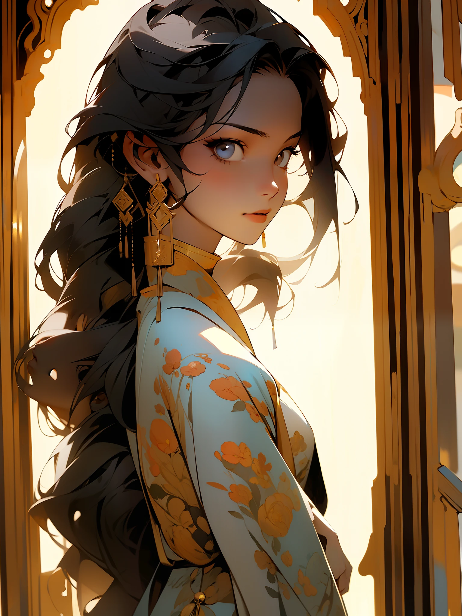 masterpiece, flat color, black hair, 1girl, looking at viewer, long hair, solo, jewelry, ancient art, chinese,
