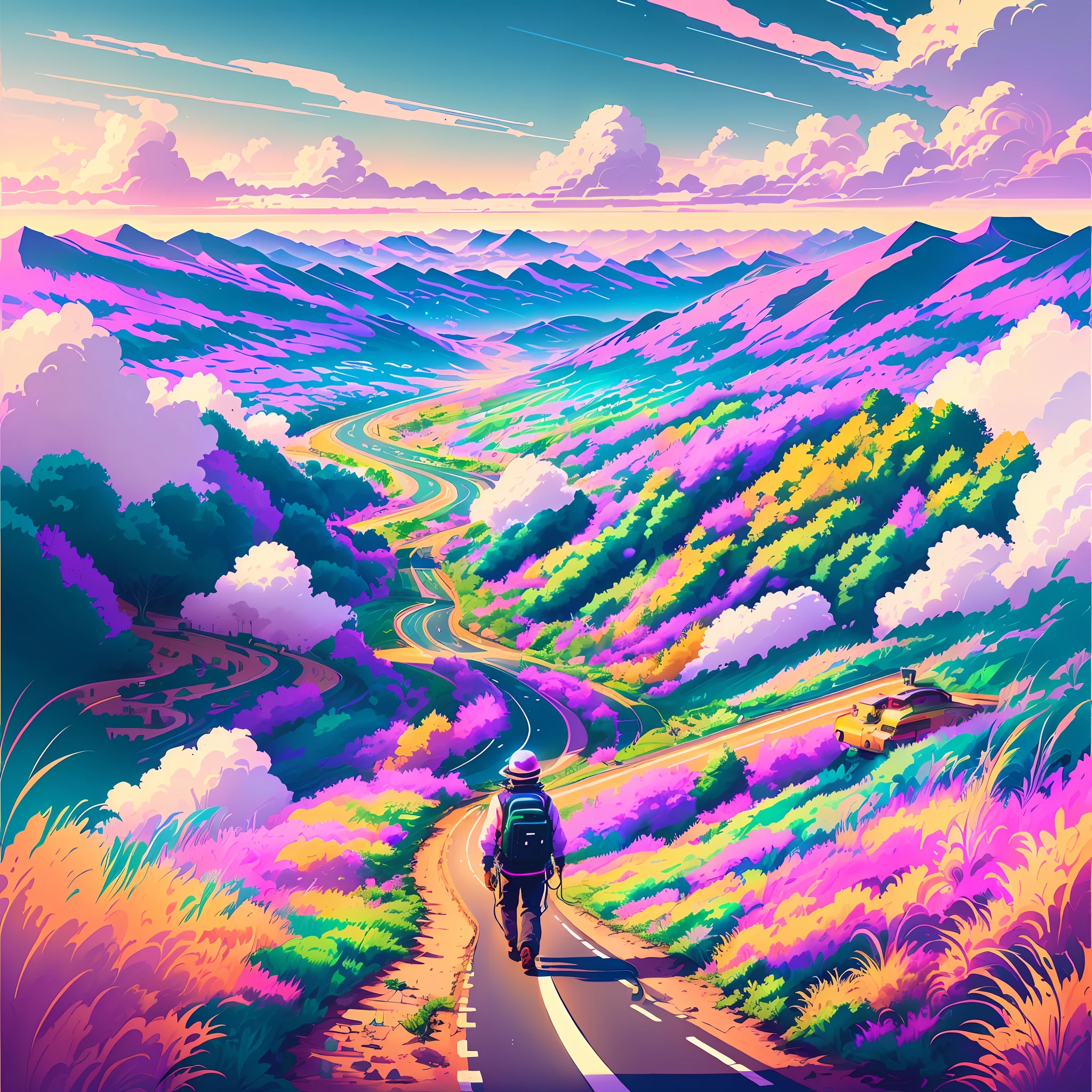 a man walking down a road with lights on his head, jen bartel, colorful illustration, psychedelic landscape, traveling through the city, colorful highway, kilian eng vibrant colors, extraordinary colorful landscape, a beautiful art illustration, inspired by Cyril Rolando, kilian eng vibrant colors, lofi colors, surreal flat colors, by Justin Gerard