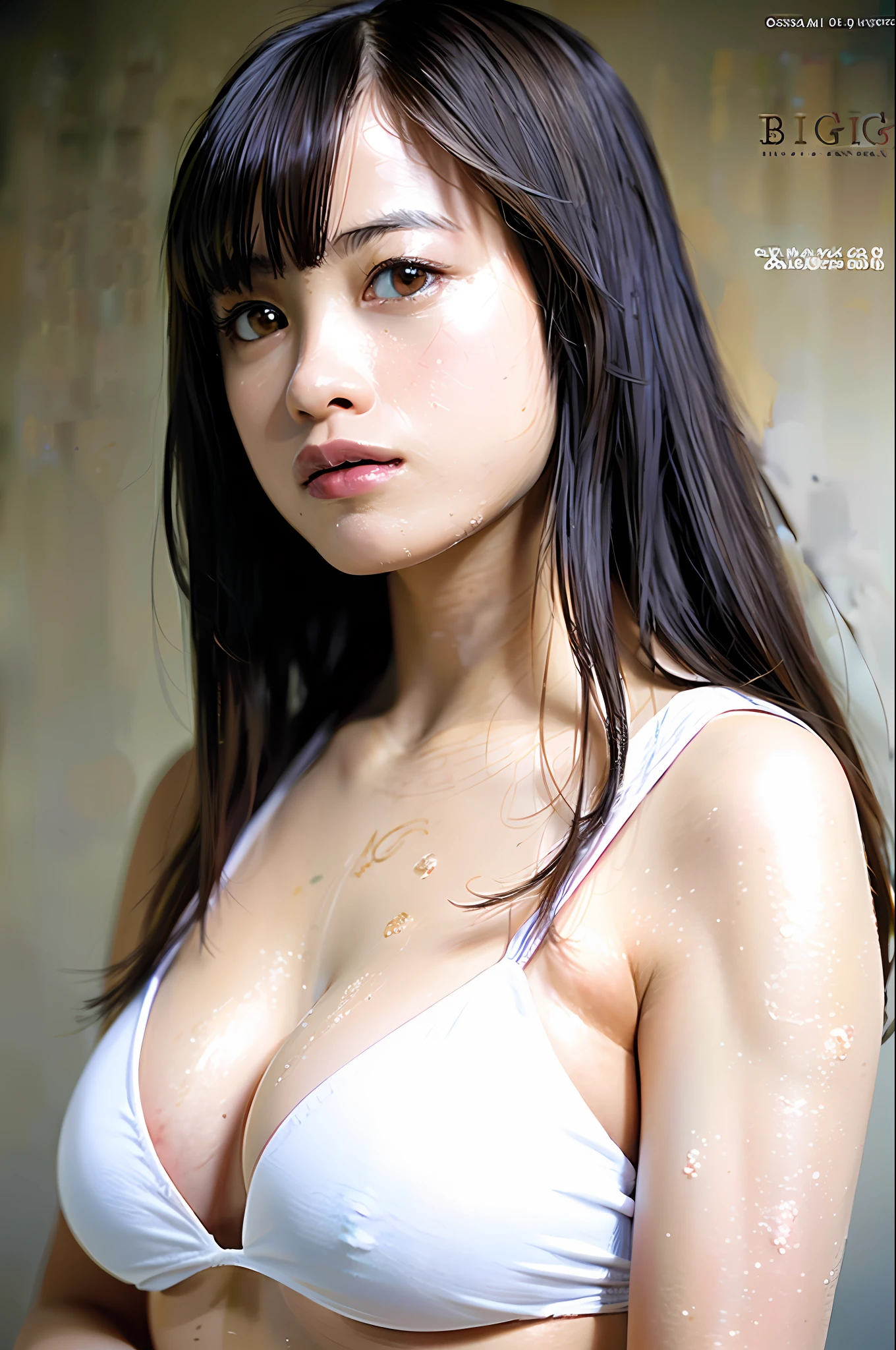Best quality, masterpiece, ultra high res, (photorealistic:1.4), raw photo, 1girl, DARK hair, shiny skin, WET BODY, dramatic lighting, full body, bitch, micro bikini, huge breasts