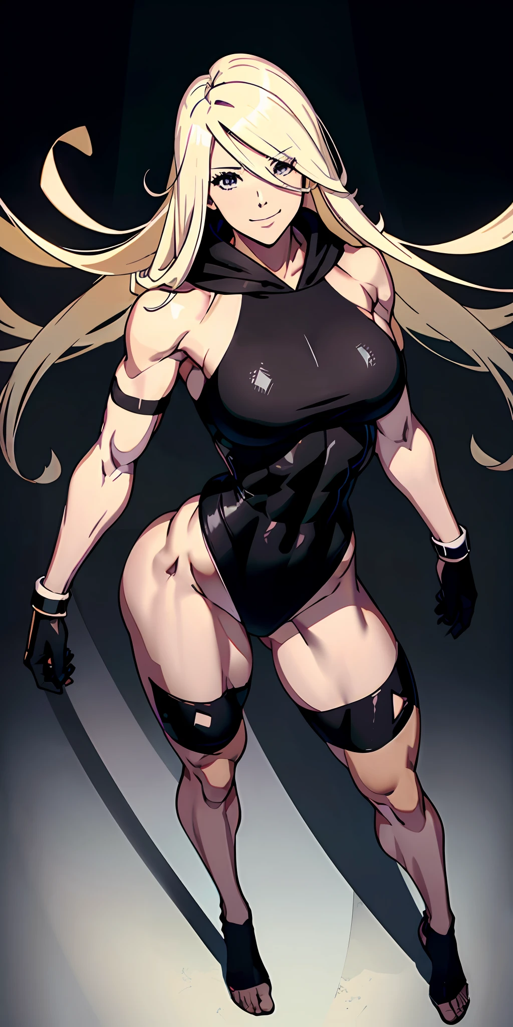 anime waifu bodybuilder, beautiful face, smiling face, perfect body, fit body, looking at the viewer, posing with strong arms, abdomen, large breasts, muscular, ((hair) long and blonde), ((clothing) white color tight swimsuit, torn), (torn cape at the tip covering the body of black color, and hood covering the head of black color), character A2,  (white and torn bandages on the arms and legs), (((bottom view)))