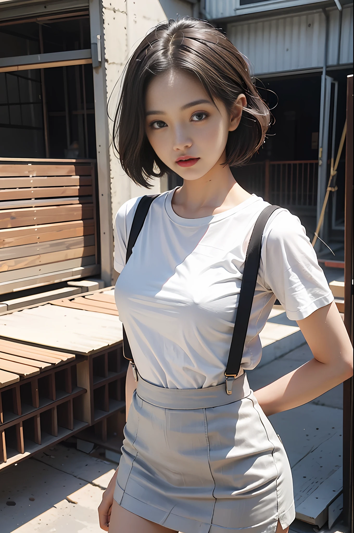 Super fine quality, photo texture, real: 1.2, beautiful woman, 25 years old, silkscreen t-shirt, tight white t-shirt, suspenders, brown tight skirt, short skirt, slim figure, girly, smaller bust, model figure, bust, face to camera, outdoors, construction site