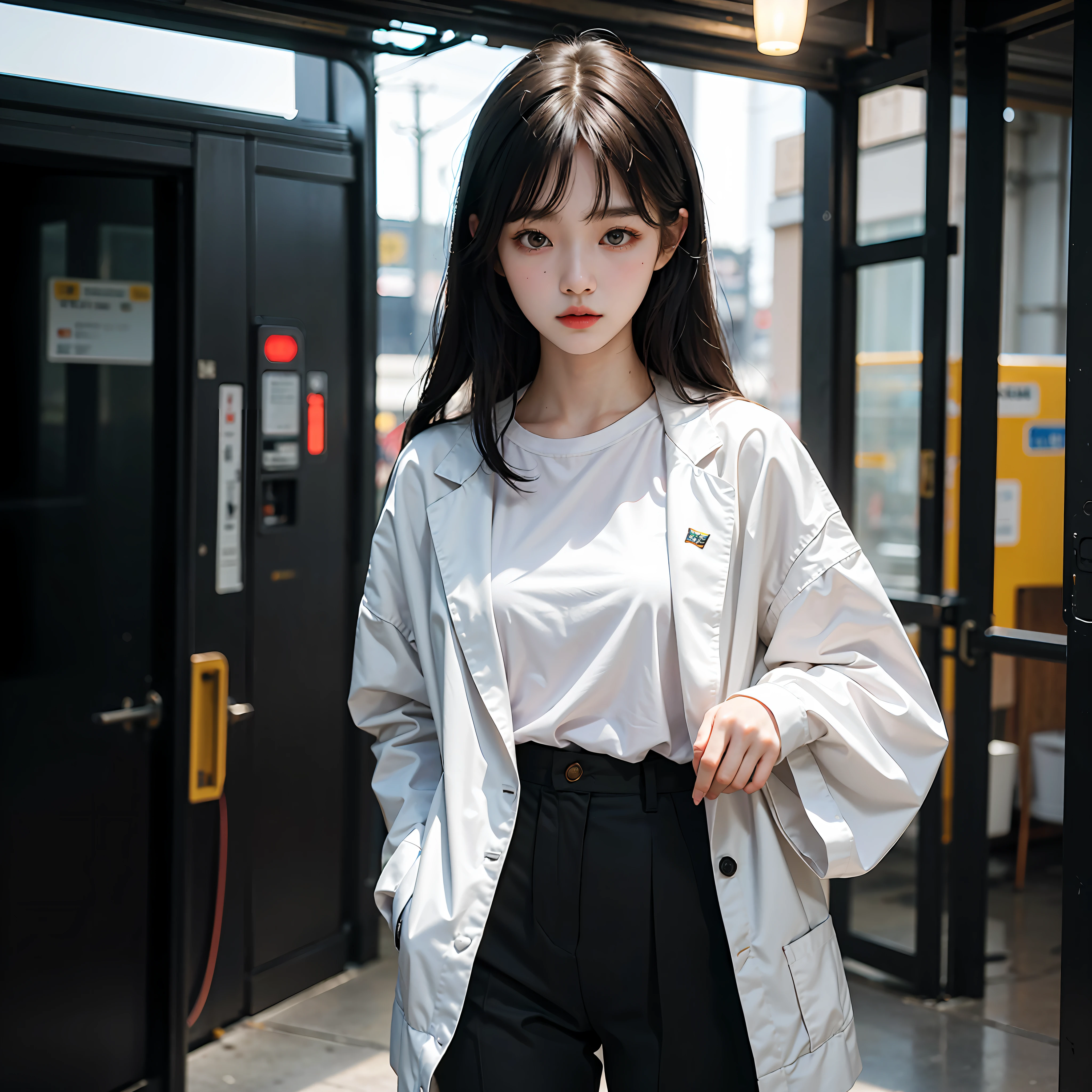 1girl, solo, 18 year old, korean, pale skin, white skin black hair, brown eyes, outfit, modern, cinematic lighting, 85mm, Nikon, super detail, high quality, best quality, highres, 8k, masterpiece