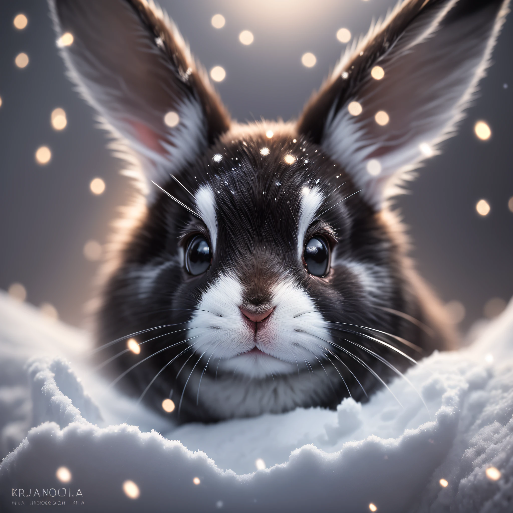 Black, Cute, A Bunny Close Up Photo, Ultra Close Up, Blurred Foreground, Winter, Snowflakes, Breathtaking, Realism, Masterpiece, Volumetric Light, Backlight, Sunlight, Glow, Color Soft, Low Saturation, Hairy, Firefly, Volume Fog, Halo, Bloom, Center, Rule of Thirds, 200mm 1.4F Macro Shot