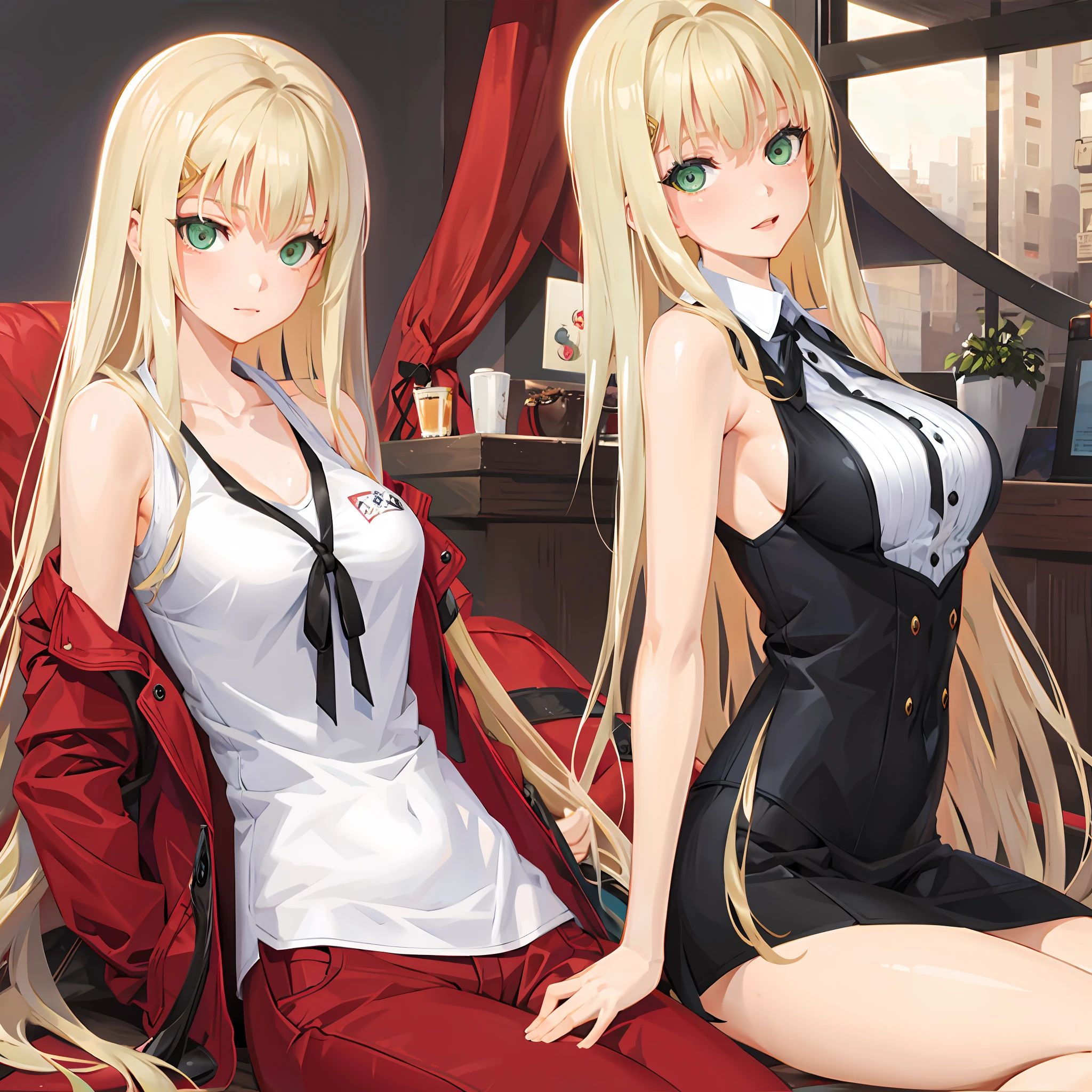 Beautiful woman, long blonde hair, red tank top, green eyes, anime, attractive cute