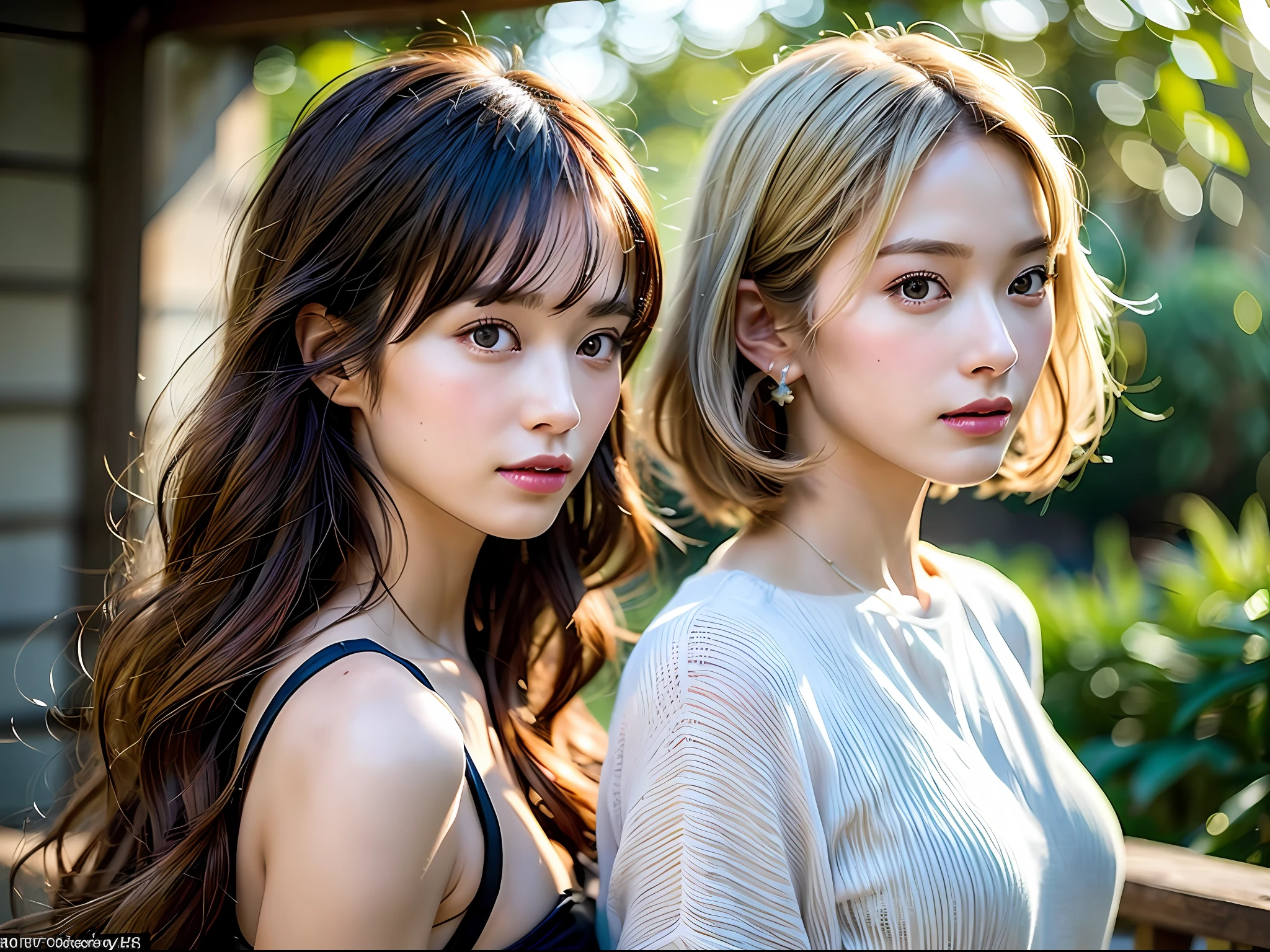 (8k, Best Quality, Masterpiece:1.2),(hair_style) ,(Realistic, Photorealistic:1.37), Best Quality, Masterpiece, Shot on a wooden deck with a view of the sky and sea in the summer sun, [Small breasts], two models with different atmospheres, two people arranged in a balanced perspective, high balance, backlit, camera angle to capture the sky from below, hands hanging hair over ears, Shot in natural light from morning to noon, hairstyle and fashion style according to the trend of Japan in 2023, realistic, lifelike, super detailed, beautiful face, 30s, actress, half Japan and half Russian, elaborate CG, slender, cute, mature, hairstyle is two long models and bob models according to the trendy fashion of the Japan of 2023, hair fluttering in the wind, Delicate skin type, fine details and softness of hair, model hair color is slightly bright and soft, glossy makeup, fashion style is energetic impression with bright surf fashion without exposure according to the summer trend of 2023