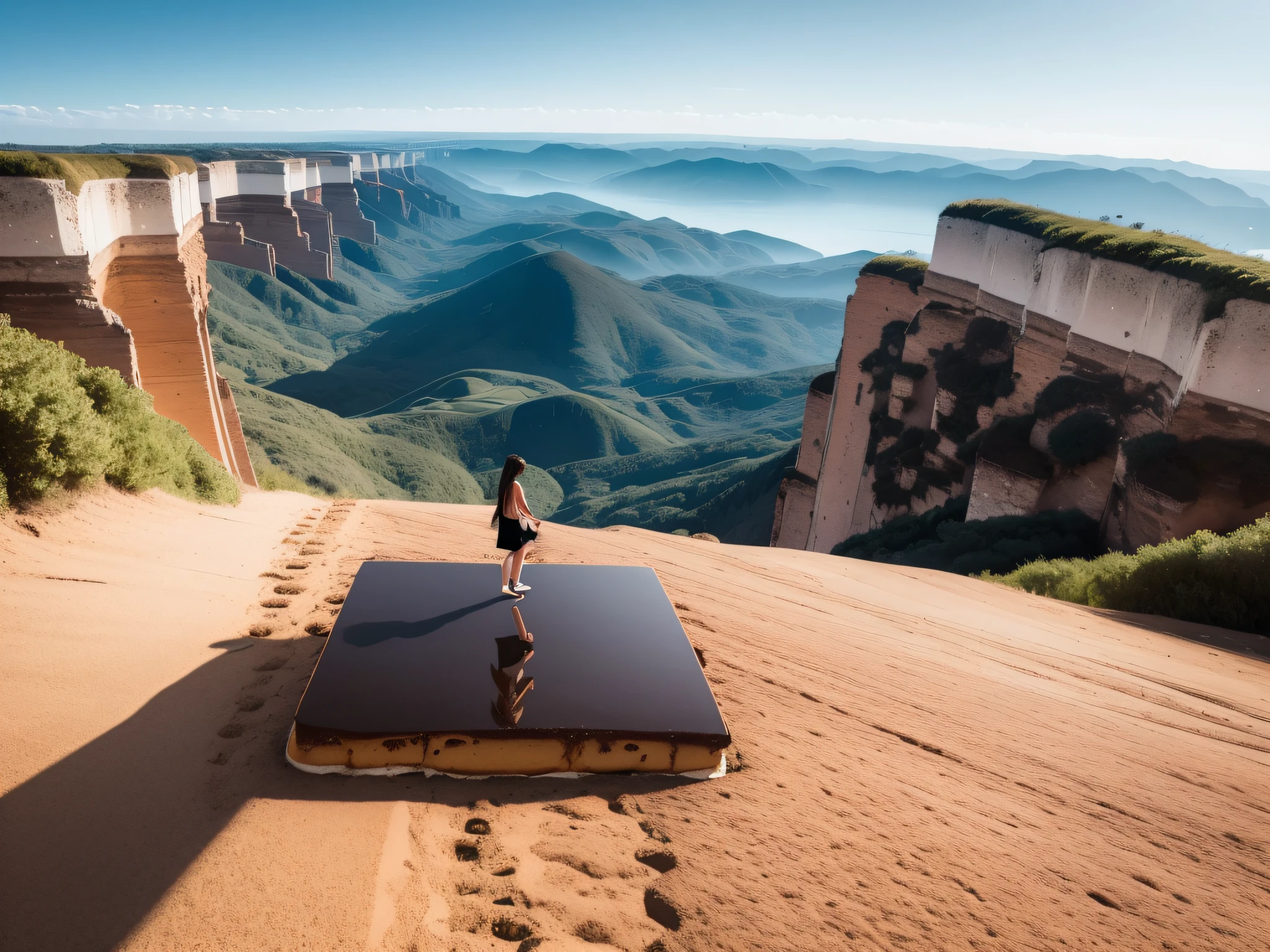 a tiny small silhouette of a person walking on top of a very large giant square tiramisu, wide-shot, photorealistic, view from top;