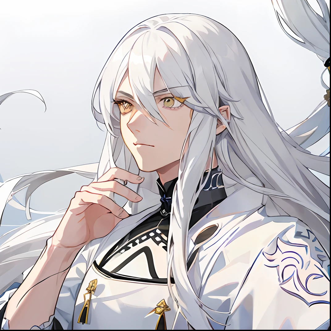 A (male:1.6) An irate character with long hair with white hair and (white_eyes:1.6), hand-drawn illustration of high quality and ultra-detailed craftsmanship. A masterpiece in 8K or 4K resolution, embodying the essence of anime and Nier.