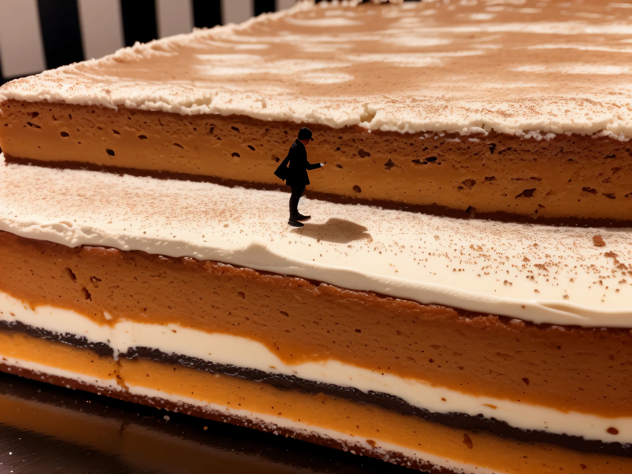 a tiny small silhouette of a person walking on top of a very large giant square tiramisu, wide-shot, photorealistic, view from top;
