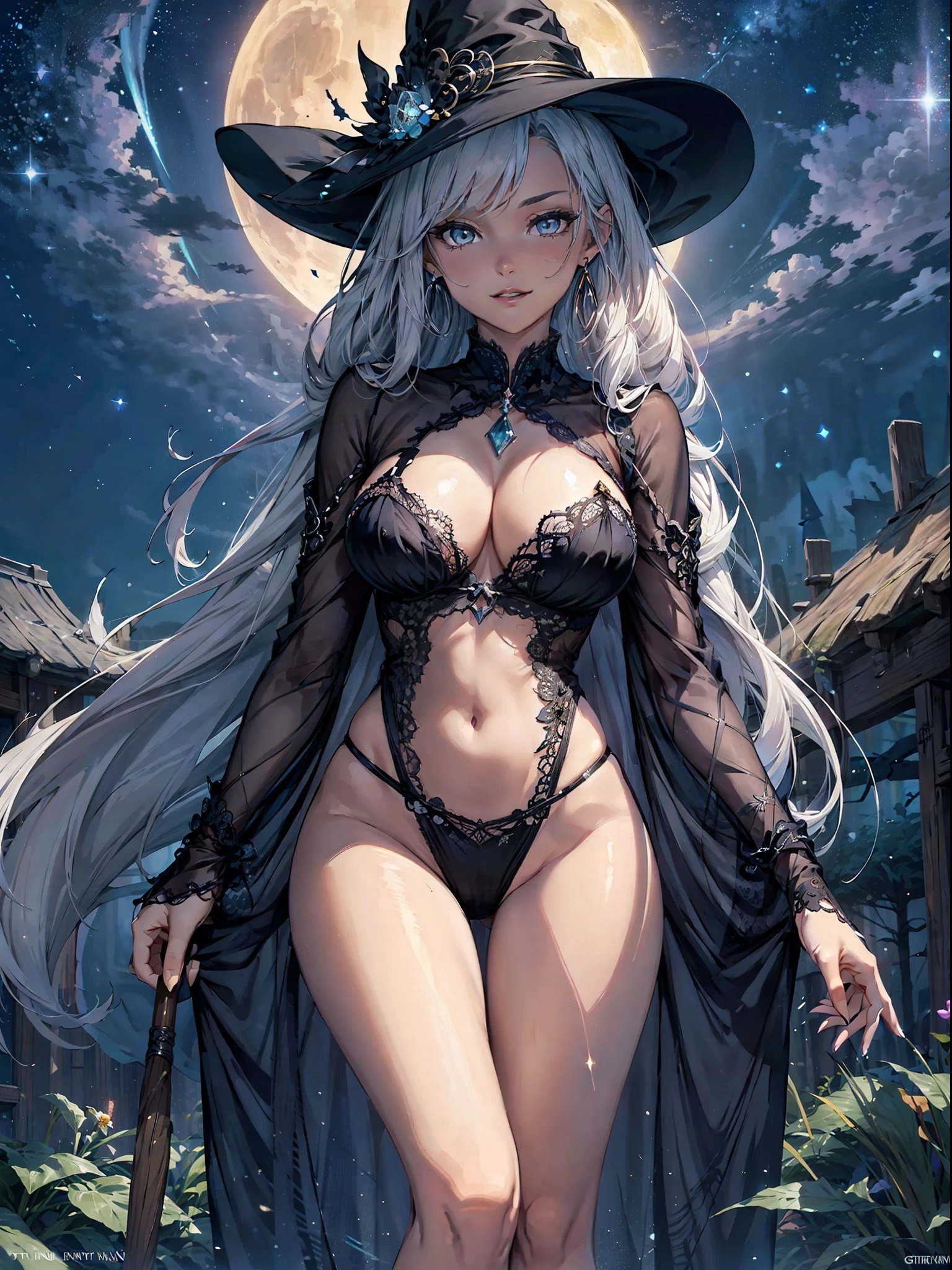 masterpiece, best quality, (extremely detailed CG unity 8k wallpaper), (best quality), (best illustration), (best shadow),full body,tall body, perfect female anatomy, seductive body, detailed face, detailed eyes, smiling, beautiful face, BREAK The image depicts a stunning witch riding on her broomstick through the night sky, a trail of sparkling stardust trailing in her wake. Her hair is long and flowing, a deep shade of black that seems to dance in the wind as she speeds through the air. Her skin is a pale, creamy white, illuminated by the light of the moon and the stars that twinkle above her.
BREAK 
As she rides her broomstick, a look of pure joy and exhilaration spreads across her face, and her eyes shine with a mischievous glint. Her clothing is a mix of dark, rich fabrics, with a long coat that flutters behind her in the wind, revealing glimpses of the intricate designs on her dress.
BREAK 
Behind her, the starry night sky stretches out in all directions, a tapestry of twinkling lights that seem to go on forever. The moon hangs low in the sky, casting a soft glow on the world below. Shimmering auras of magical energy swirl around the witch and her broomstick, casting a vibrant, pulsing light that illuminates the entire scene.
BREAK 
Despite her mystical powers and enchanting beauty, there is a sense of danger and unpredictability about the witch, a feeling that she is not to be trifled with. She is a force to be reckoned with, a master of the arcane arts who commands the very elements of the earth and sky.
BREAK 
As she races through the night, her broomstick cutting a path through the stars, she seems to embody all that is mysterious and alluring about the world of magic. Her image will forever remain etched in the minds of all who witness it, a symbol of the raw power and beauty of the unknown.