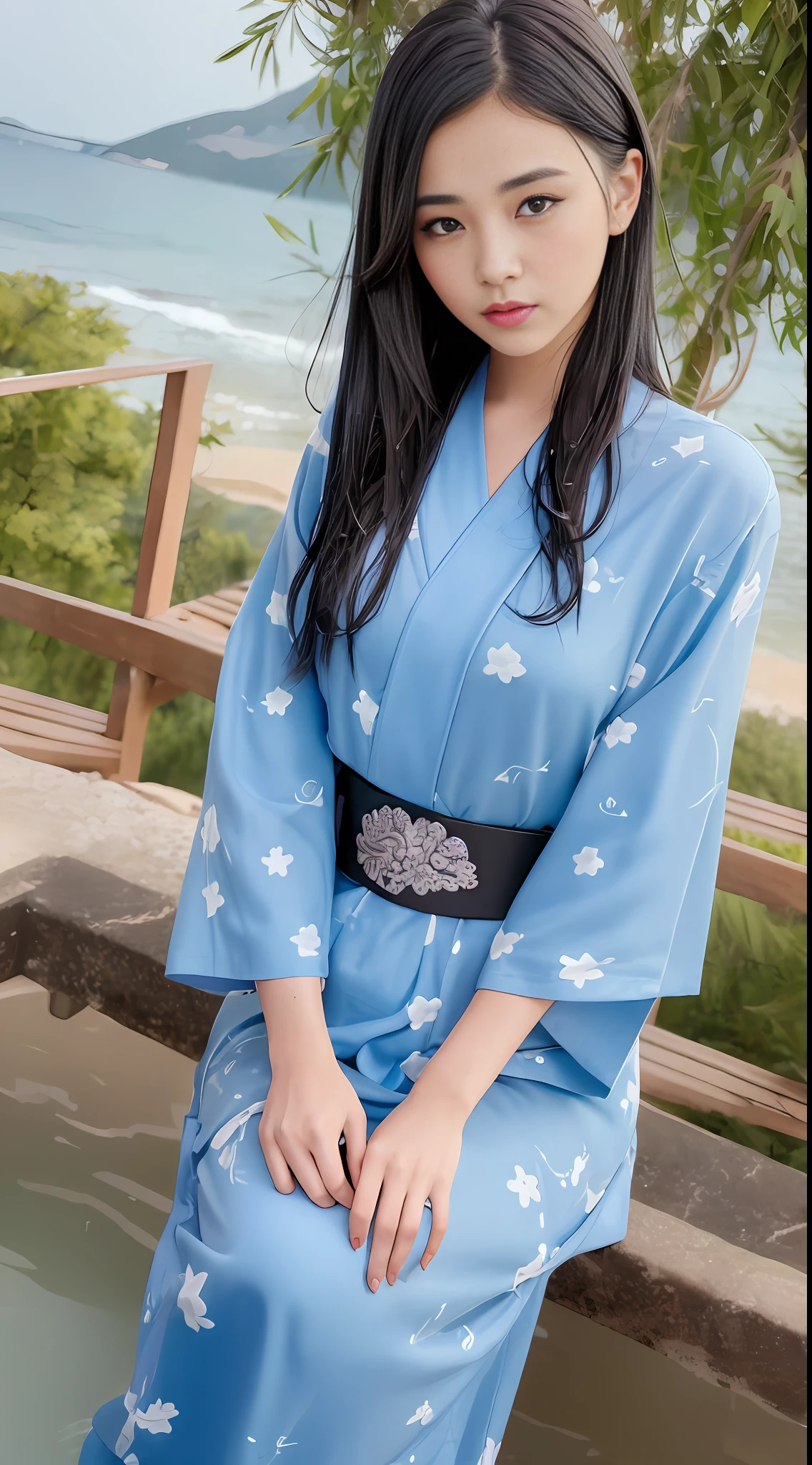 Raw photo (very top quality, 8k, masterpiece: 1.3), beauty, 1 girl, sexy: 1.1, long hair: 1.1, (wet body: 1.2), yukata, wearing yukata, ultra detailed face, detailed lips, detailed eyes, double eyelids, open-air bath, bathing, hot spring, night, midnight, moon, star, sky