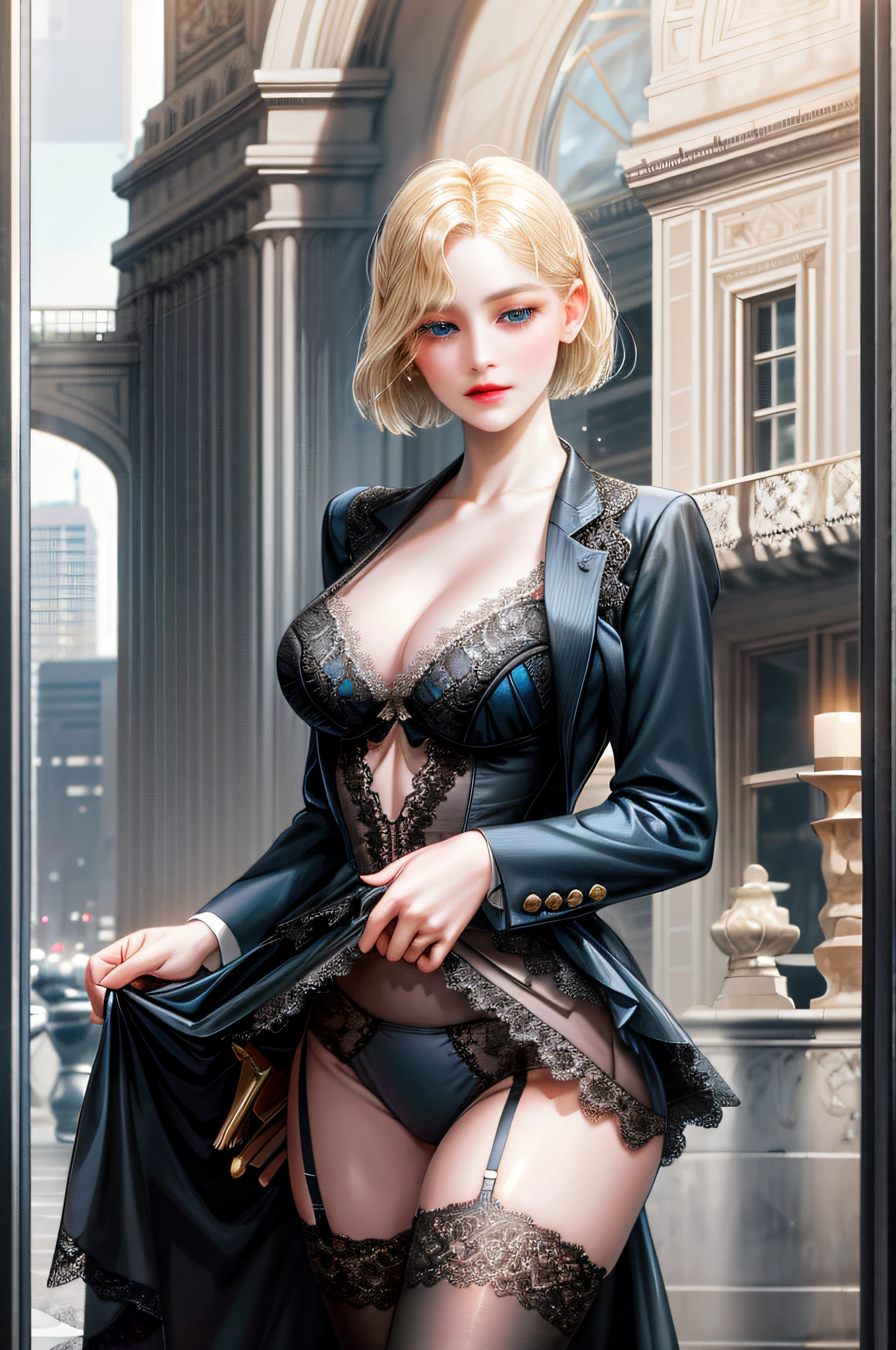 aristocratic young woman, blonde, blue-eyed girl, short bob, carrier woman, urban skyscraper street, black suit, jacket front open, cleavage braless areola, mini flared skirt slit, (((lace underwear flicker)),