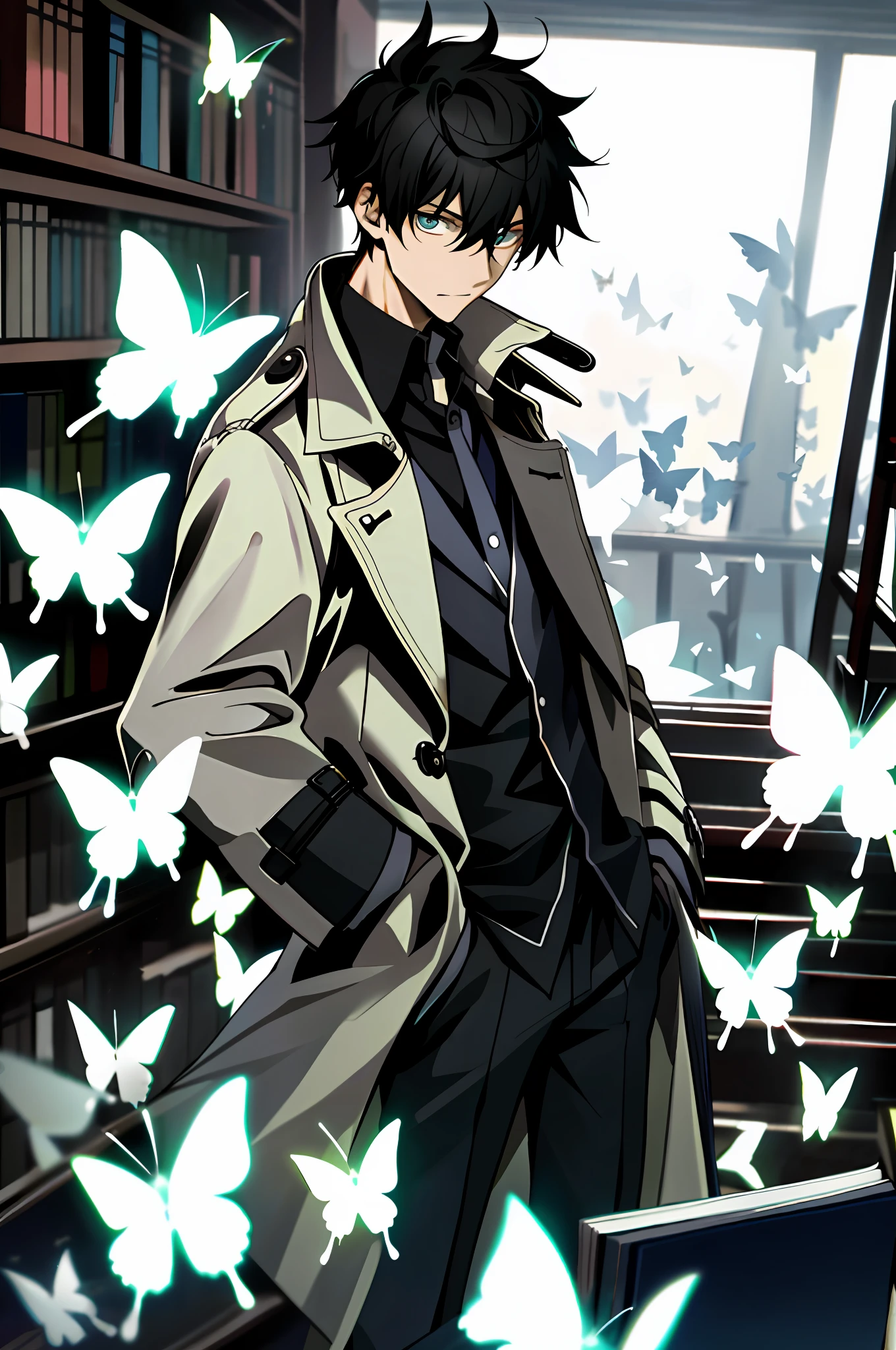 Male, trench coat, holding a book in hand, black hair, teenager, shirt, surrounded by white butterflies, one hand in pocket, library in the background