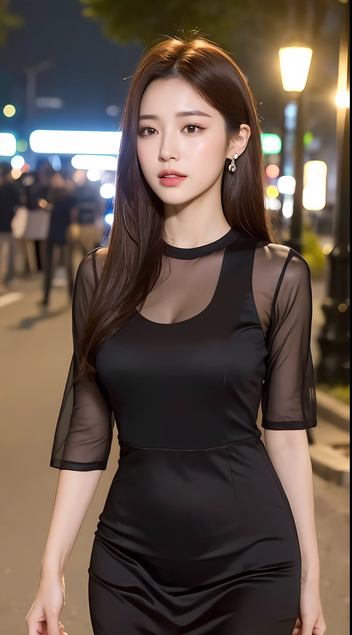 ((Realistic lighting, Best quality, 8K, Masterpiece: 1.3)), Clear focus: 1.2, 1girl, Perfect Body Beauty: 1.4, Slim Abs: 1.1, ((Dark Brown Hair, Big Breasts: 1.3)), (Aqua Dress: 1.4), (Outdoor, Night: 1.1), City Street, Super Fine Face, Fine Eyes, Double Eyelids