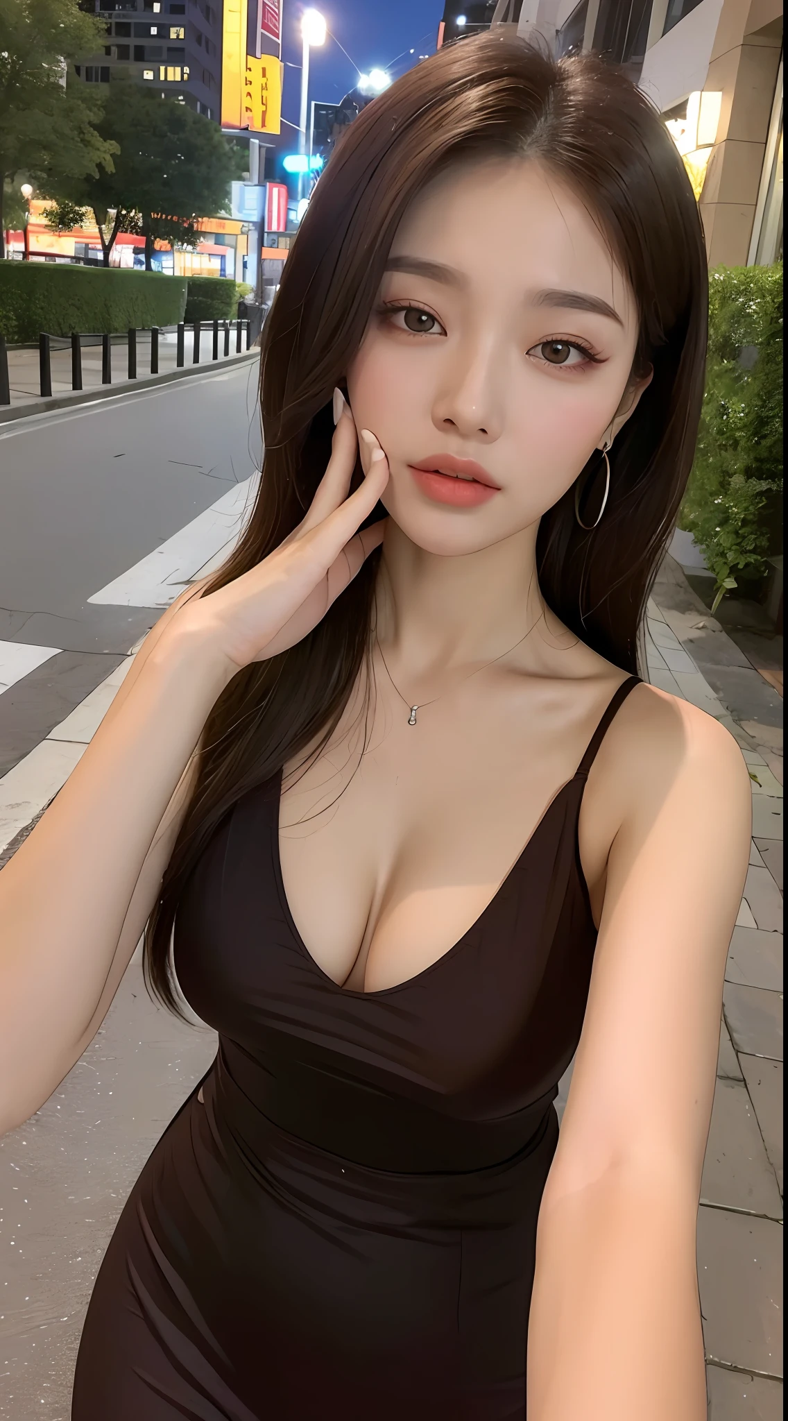 ((Realistic lighting, Best quality, 8K, Masterpiece: 1.3)), Clear focus: 1.2, 1girl, Perfect Body Beauty: 1.4, Slim Abs: 1.1, ((Dark Brown Hair, Big Breasts: 1.3)), (Aqua Dress: 1.4), (Outdoor, Night: 1.1), City Street, Super Fine Face, Fine Eyes, Double Eyelids