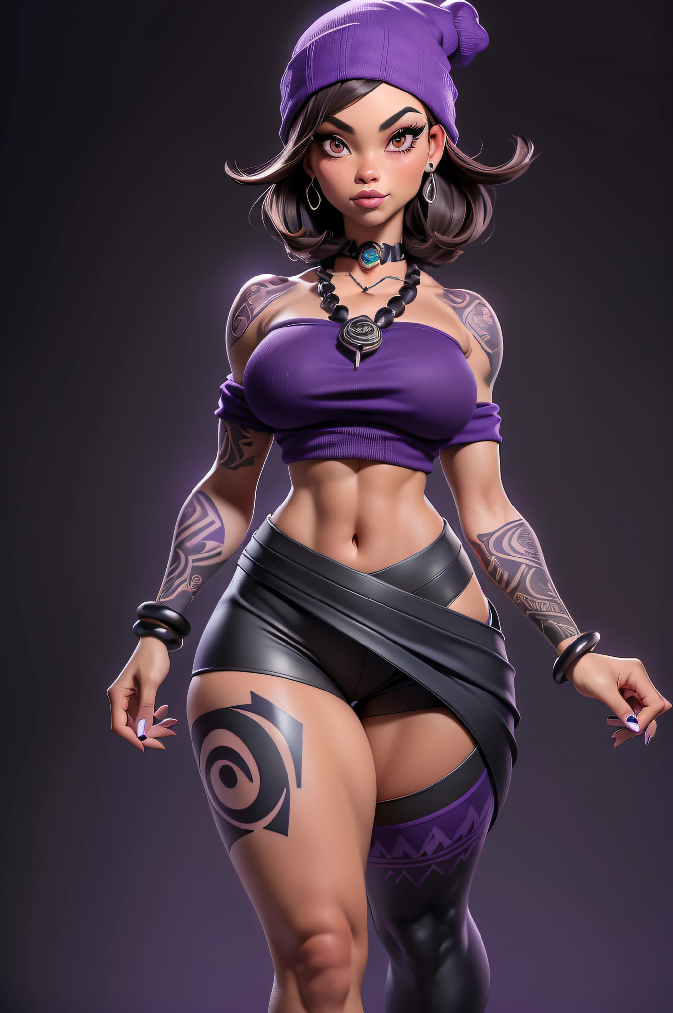 3dmm style, (Full body portrait), (static pose), (unamused face), brown skin, brown skintone, (masterpiece, top quality, best quality, (brunette ‘bobcut’ hairstyle), (‘purple and black’ beanie:1.3), fringe pokes out of beanie, realistic, downturned eyes, full lips, big black coloured lips, gothic makeup, purple eye shadow, 1girl, best quality, intricate details, looking at viewer, ultra realistic 8k cg, picture perfect face, (Ta Moko chin tatto:1.2), silver pupils, flawless, clean, masterpiece, professional artwork, famous artwork, film lighting, film Bloom, perfect face, beautiful face, beautiful eyes, skin spots, ((perfect female body, narrow waist, massive thighs, muscular quadrupeds, big calves, massive hamstrings)), (legs spread apart), (‘black and purple’ 2-tone croptop:1.3, off-the-shoulder collar,), (hei-tiki necklace:1.3), fitted design, gothic bracelets, small breasts, black acrylic nails, (2-tone ’black and cyan’ gym leggings:1.1), Black Nike AirForce Ones, silver accents.