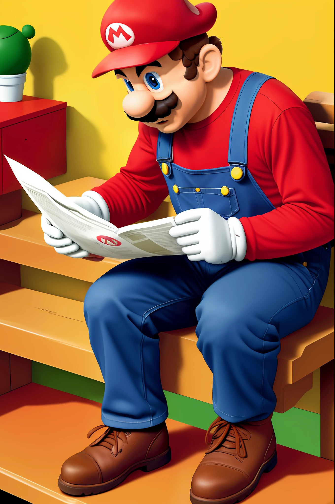 SuperMario in overalls, mustache, red T-shirt, reading a paper from the bench, worried