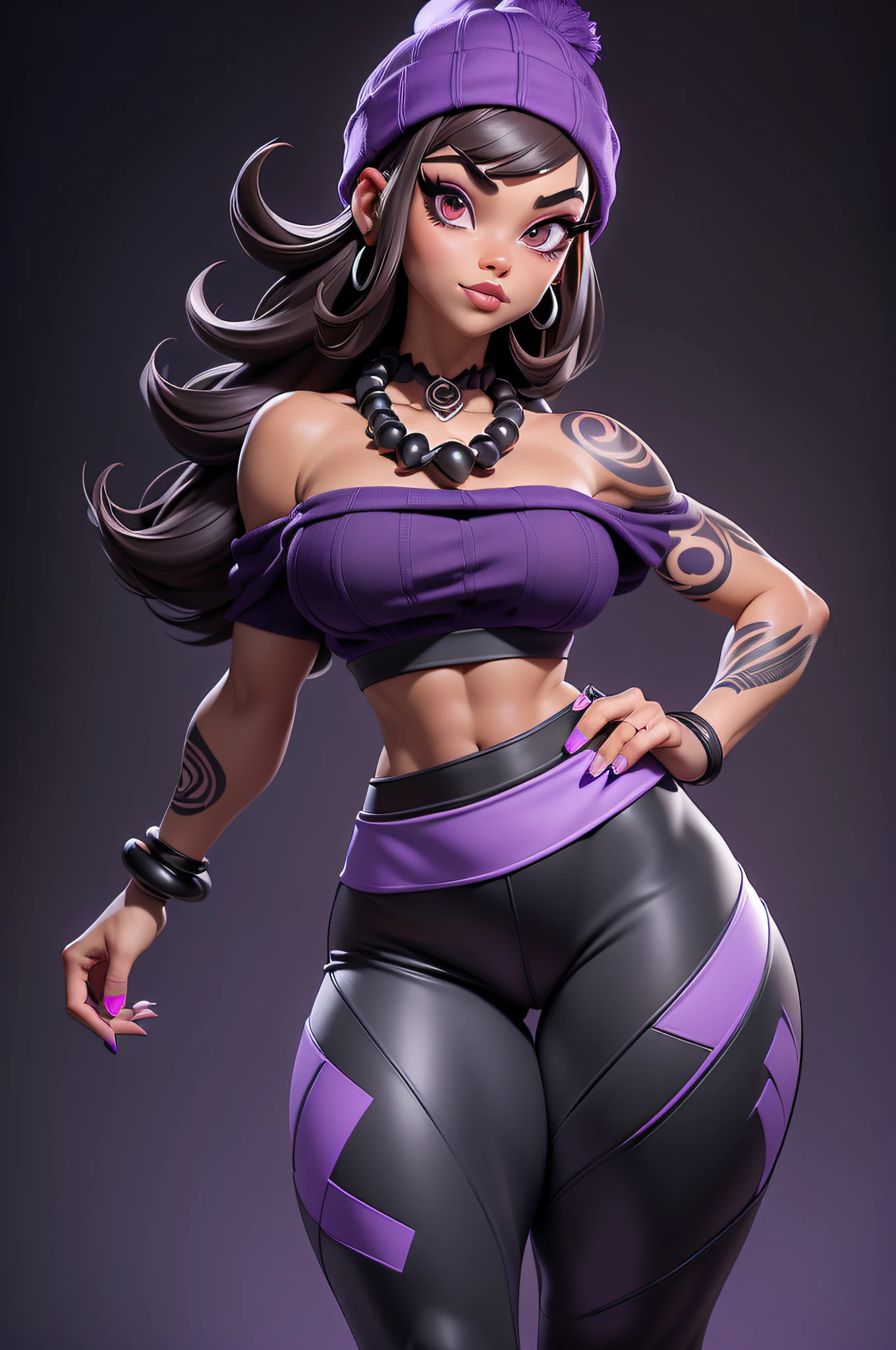 3dmm style, (Full body portrait), (static pose), (unamused face), brown skin, brown skintone, (masterpiece, top quality, best quality, (brunette ‘bobcut’ hairstyle), (‘purple and black’ beanie:1.3), fringe pokes out of beanie, realistic, downturned eyes, full lips, big black coloured lips, gothic makeup, purple eye shadow, 1girl, best quality, intricate details, looking at viewer, ultra realistic 8k cg, picture perfect face, (Ta Moko chin tatto:1.2), silver pupils, flawless, clean, masterpiece, professional artwork, famous artwork, film lighting, film Bloom, perfect face, beautiful face, beautiful eyes, skin spots, ((perfect female body, narrow waist, massive thighs, muscular quadrupeds, big calves, massive hamstrings)), (legs spread apart), (‘black and purple’ 2-tone croptop:1.3, off-the-shoulder collar,), (hei-tiki necklace:1.3), fitted design, gothic bracelets, small breasts, black acrylic nails, (2-tone ’black and cyan’ gym leggings:1.1), Black Nike AirForce Ones, silver accents.