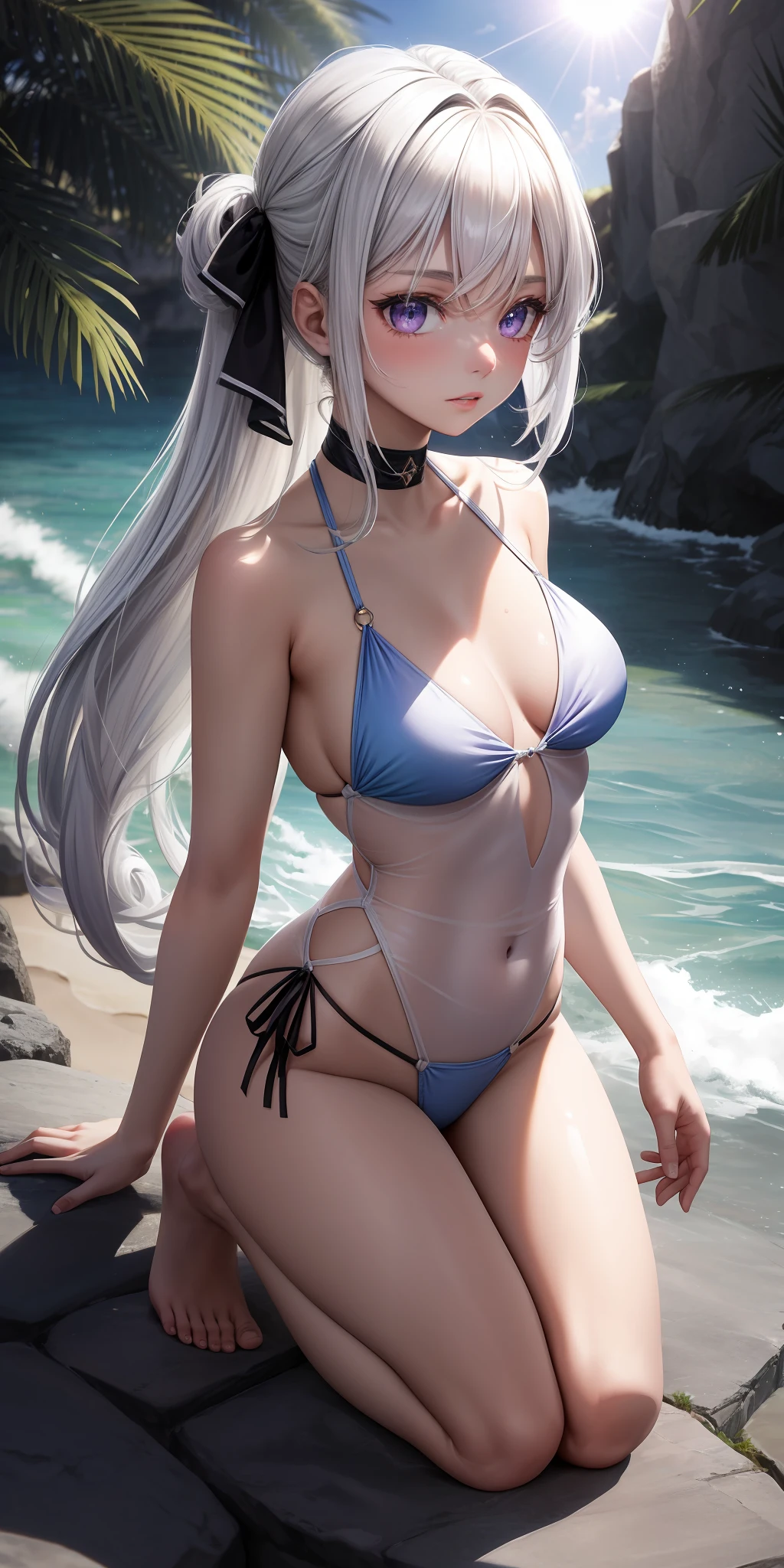 Real, One girl, White hair, Purple eyes, Shining eyes, Simple background,fantastic,annular eclipse, sandy,water, crawling on all fours , fantastic, hairstyle side tails, impossibly large breasts, angle from below, small see-through micro bikini in blue, , silver t-back, swimsuit see-through, back, protruding buttocks, parted lips, blush, rough breath, flower, sun, sunlight, {{{masterpiece}}},
{{{{{Official Art}}}}},
{{{high quality}}},
{{{highest quality}}},
{{{{8k_wallpaper}}}},
{{{{Very detailed eyes}}}},
{{{{{Very detailed body}}}},
{{{Very detailed finger}}}