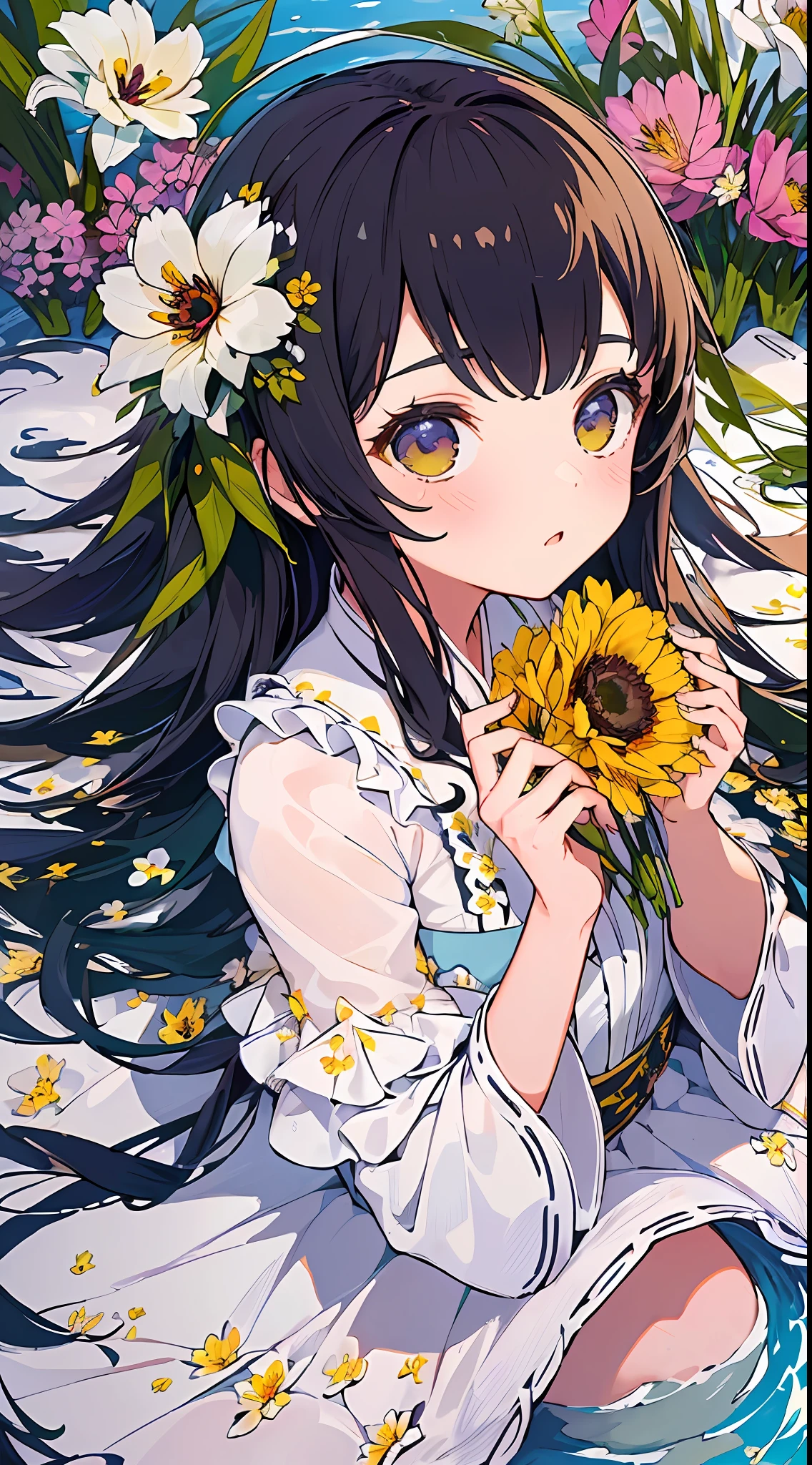 ((masterpiece,best quality)),(1girl, solo:1.4),negative space:1.3,from above,beautiful detailed eyes, vivid, cloudy sky, flower, anemone \(flower\), daffodil, hyacinth,falling petals,sanshoku dango, hanami, picnic, incoming kiss, incoming hug,