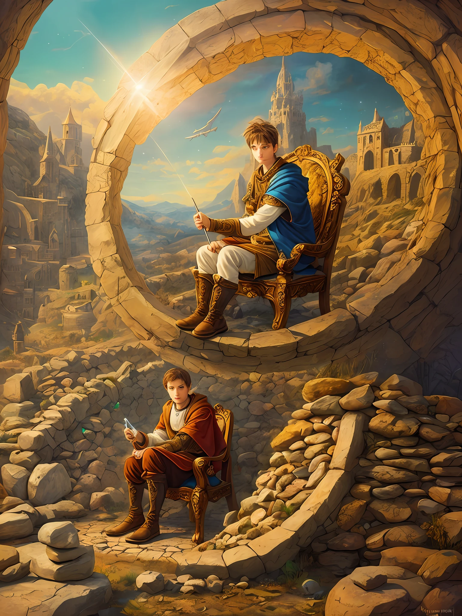 Young wise man sitting in chair under a circle of stones, complex fantasy background, intricate details, art, close-up, painting, detailed, cartoon, cinematic shooting, fantasy, low saturation, vignette, [hdr]