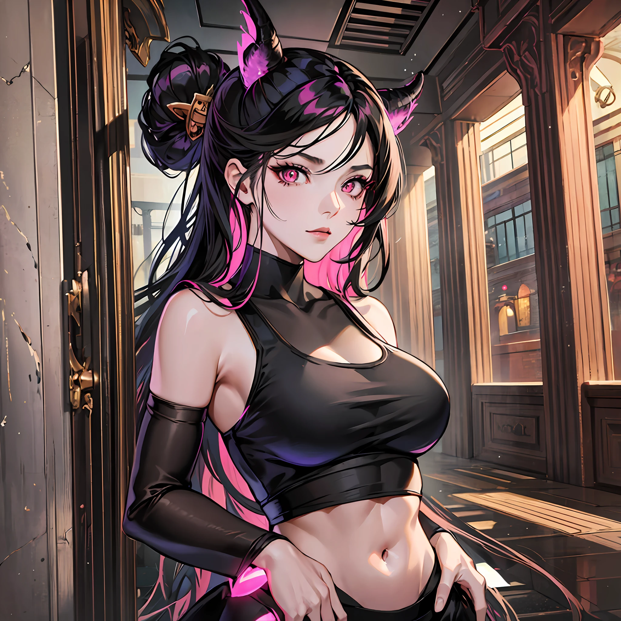 komi shouko, (komi shouko wearing a k/da all out ahri cosplay), ahri \(league of legends\), league of legends, 1girl, k/da (league of legends), animal ears, solo, fox ears, long hair, purple hair, hand on hip, purple eyes, idol, facial mark, looking at viewer, gloves, pink hair, fingerless gloves, whisker markings, breasts, makeup, lips, skirt, hair ornament, perfect lighting, near a well-detailed black car, on a track in a large city at night, HDR, ultra resolution , very detailed, masterpiece, ultra quality, 4K HD