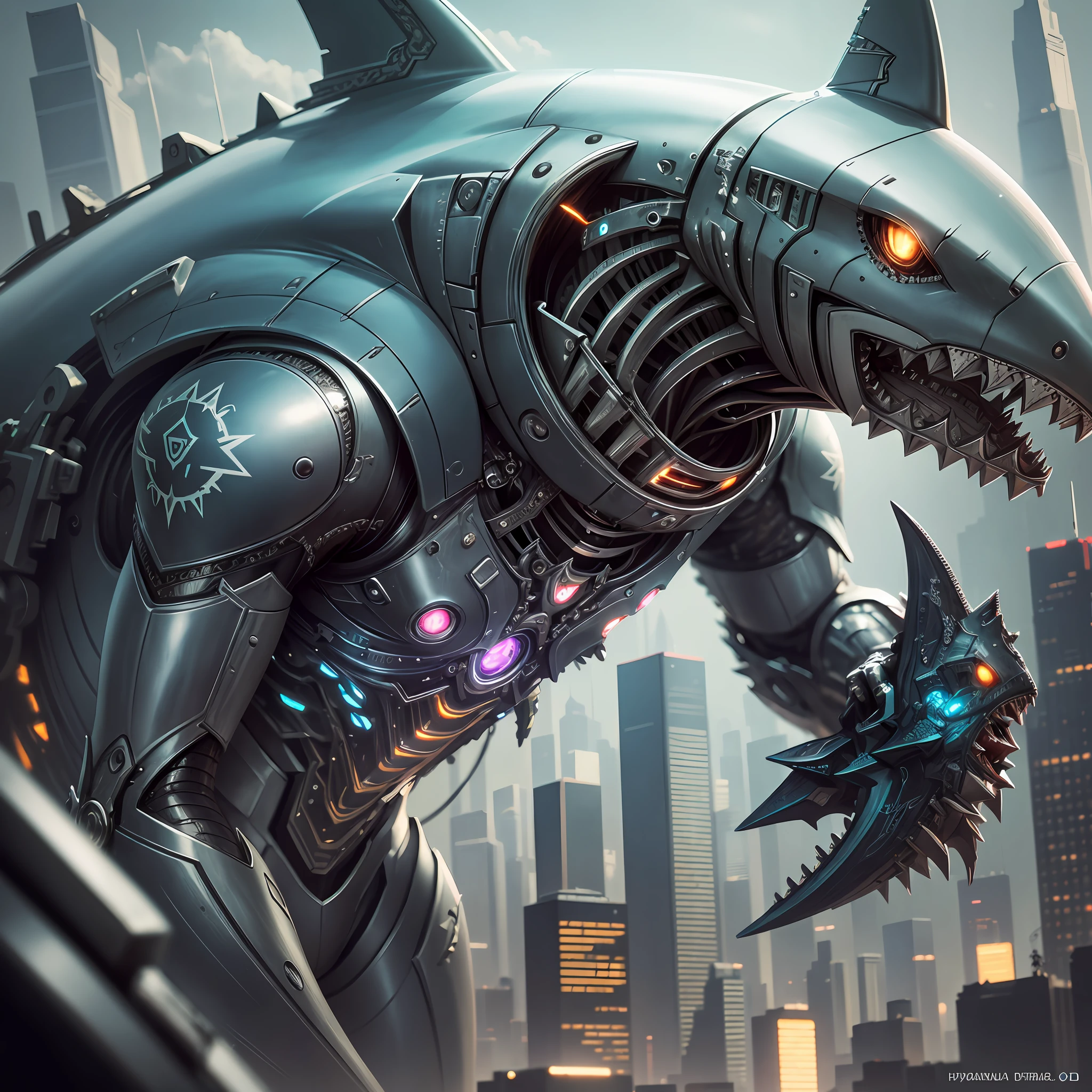 a cute shark made out of metal, cyborg, cyberpunk style, ((intricate details)), hdr, ((intricate details, hyperdetailed)), cinematic shot, vignette --auto --s2