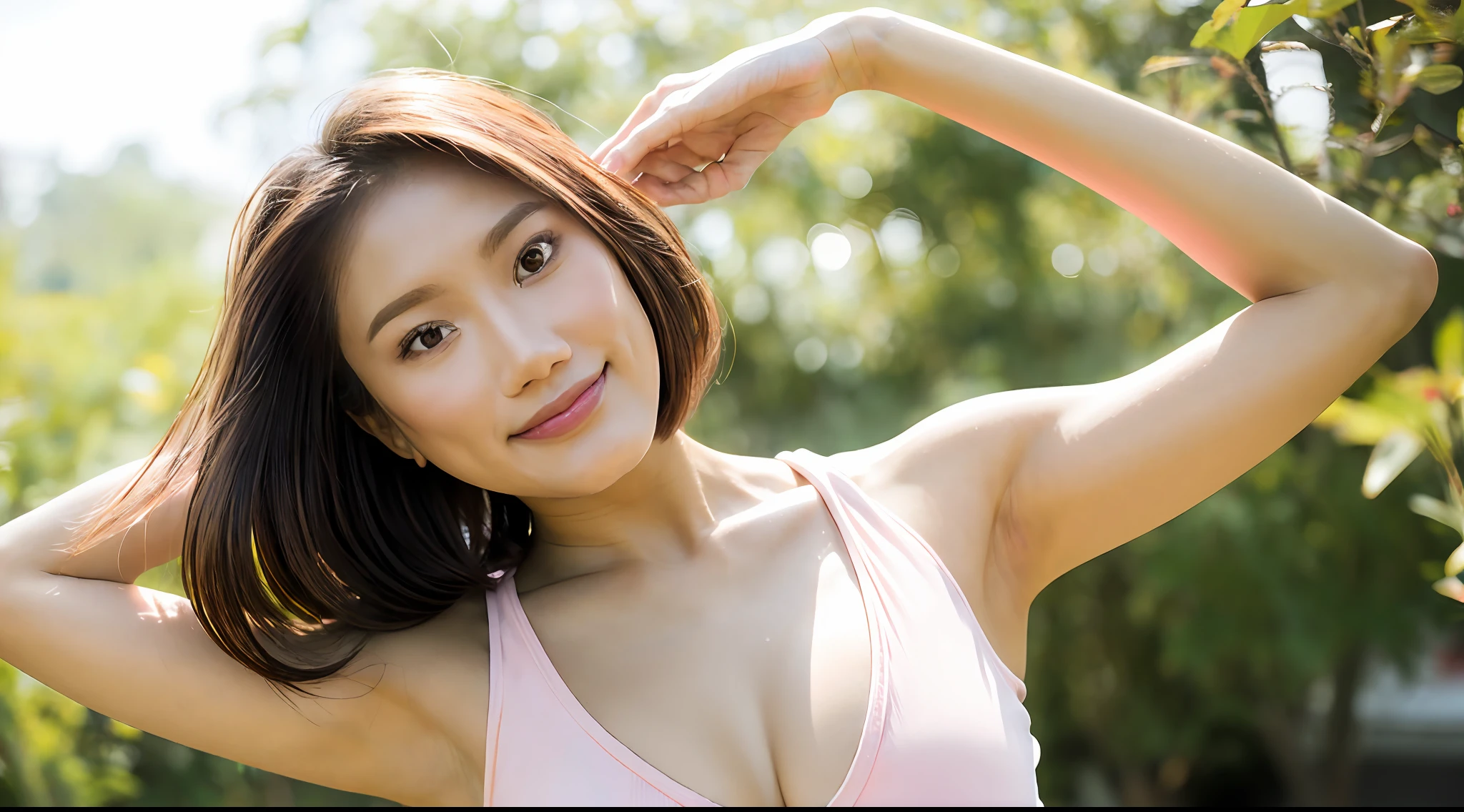 20 years old Thai woman, blong hair, long smood hair, white top, RAW photo, (photorealistic:1.8, realistic), highly detailed CG unified 8K wallpapers, 1girl, ((thick body:0.9)), (clevage, huge breasts:1.2), looking at viewer, (((straight from front))), (HQ skin:1.8, shiny skin), 8k uhd, dslr, soft lighting, high quality, film grain, Fujifilm XT3, (upper body:0.5) (professional lighting:1.6) , ((pink tank top)), jeans marionjola ((at park)) arms up