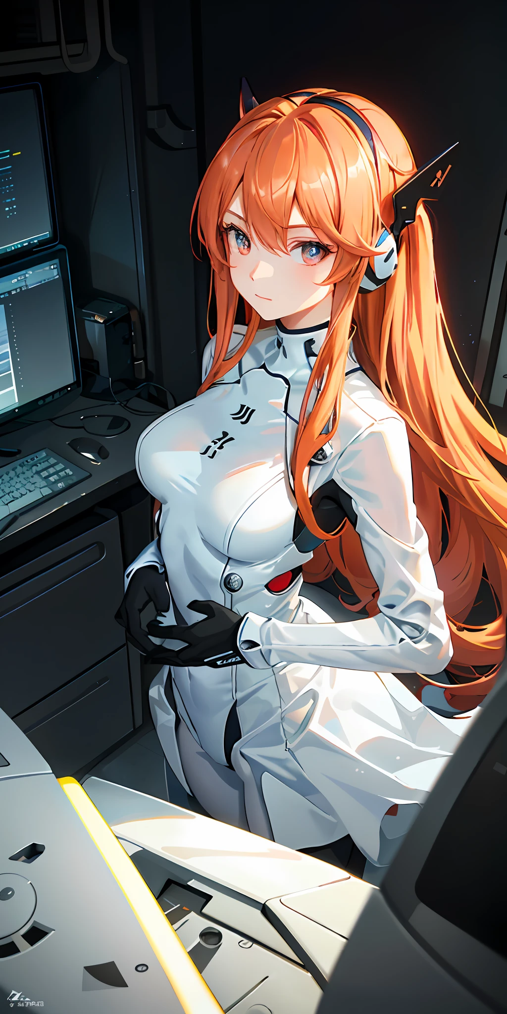 (Overhead view),dynamic angle,ultra-detailed, illustration, close-up, straight on, 1girl, 
 ((souryuu asuka langley, interface headset, red bodysuit:1.4, blonde)),Her eyes shone like dreamy stars,(glowing eyes:1.233),(beautiful and detailed eyes:1.1),(expressionless,closed mouth),(standing), 
(mechanic room with toolsand spaceship windowin a white SPACESHIP),
(night:1.2),dreamy, [[delicate fingers and hands:0.55]::0.85],(detail fingers),