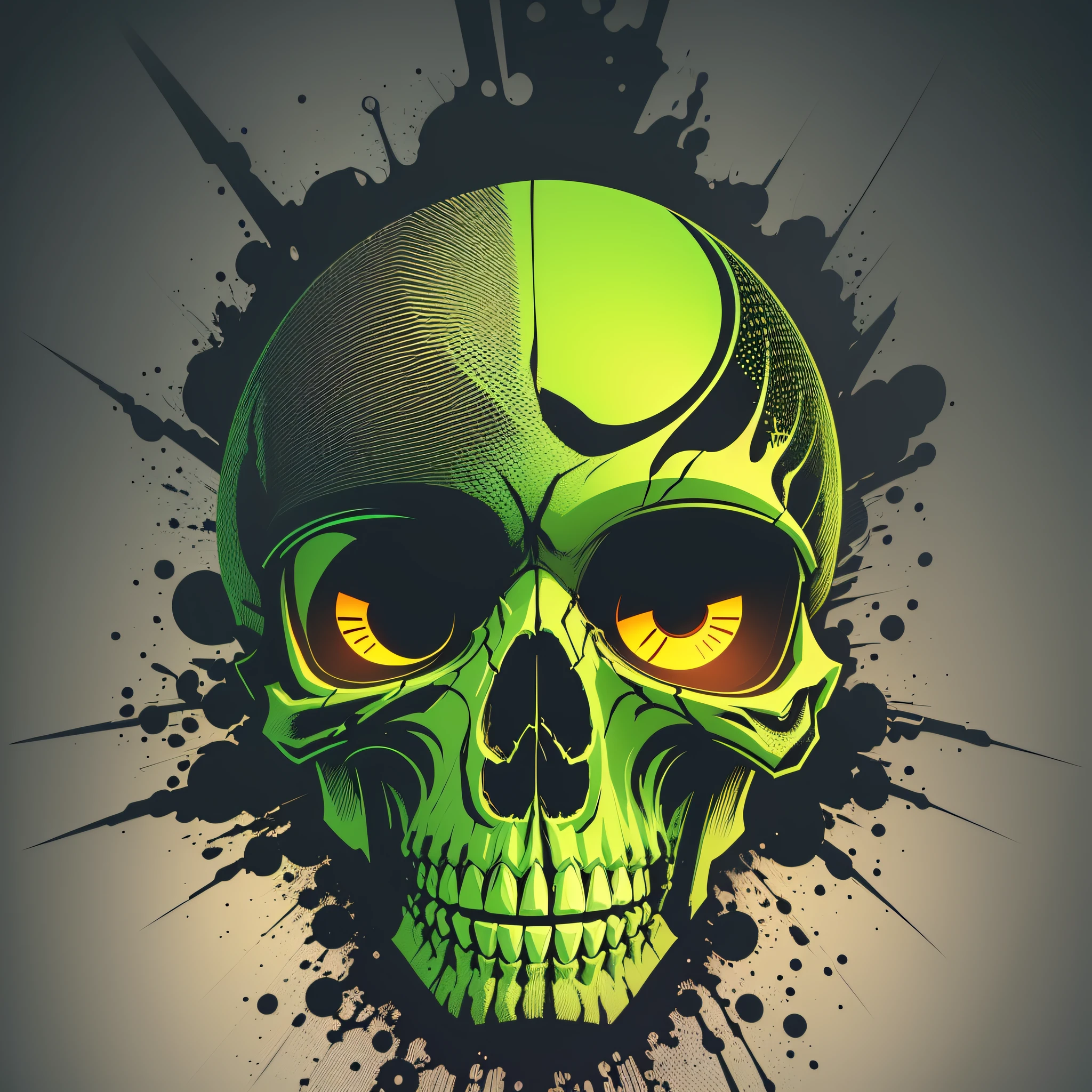 psychedelic skull skull, vector image, t-shirt design, isolated, black background, illustration colors lime green, lemon yellow, --auto --s2