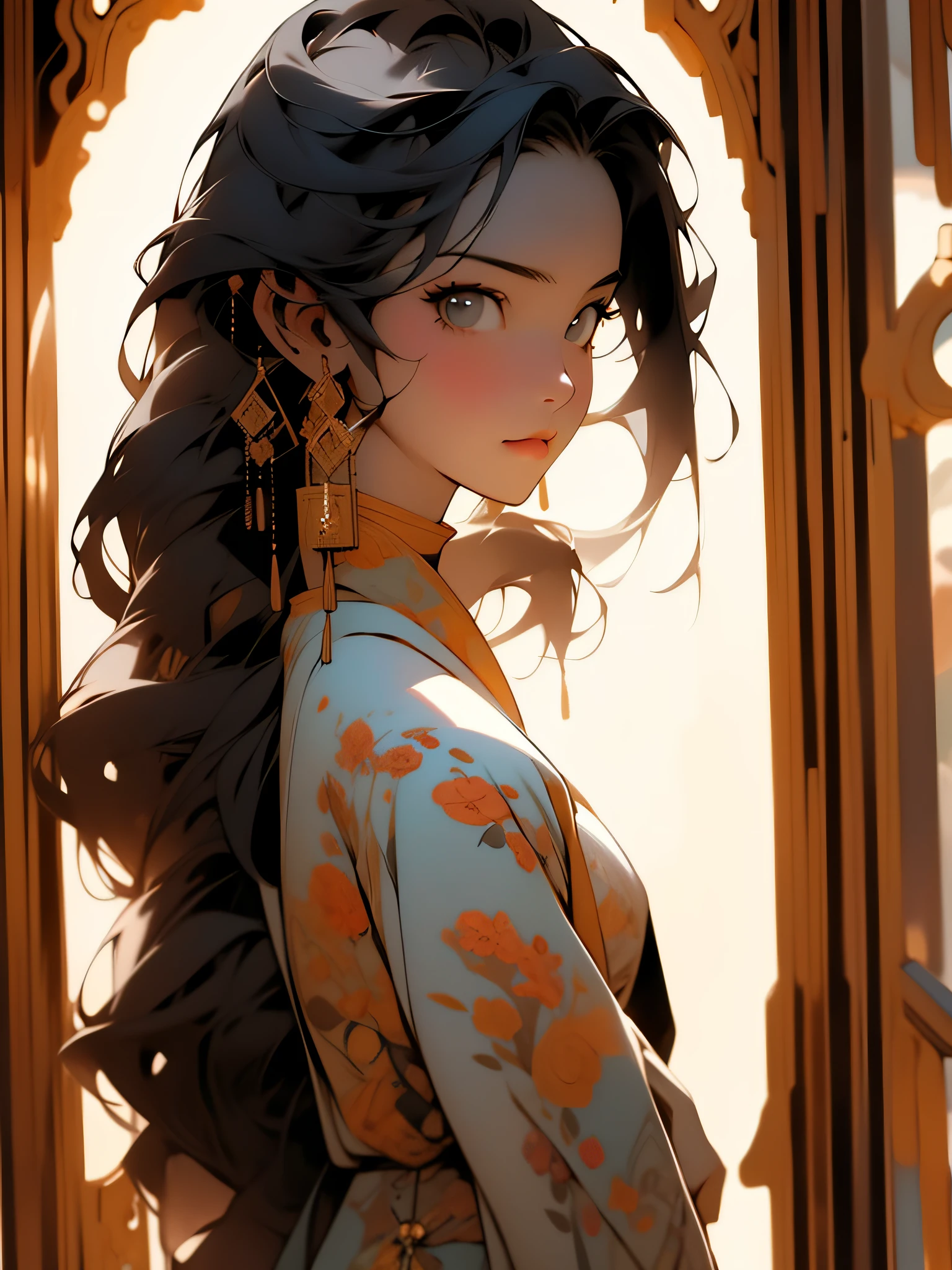 masterpiece, flat color, black hair, 1girl, looking at viewer, long hair, solo, jewelry, ancient art, chinese,