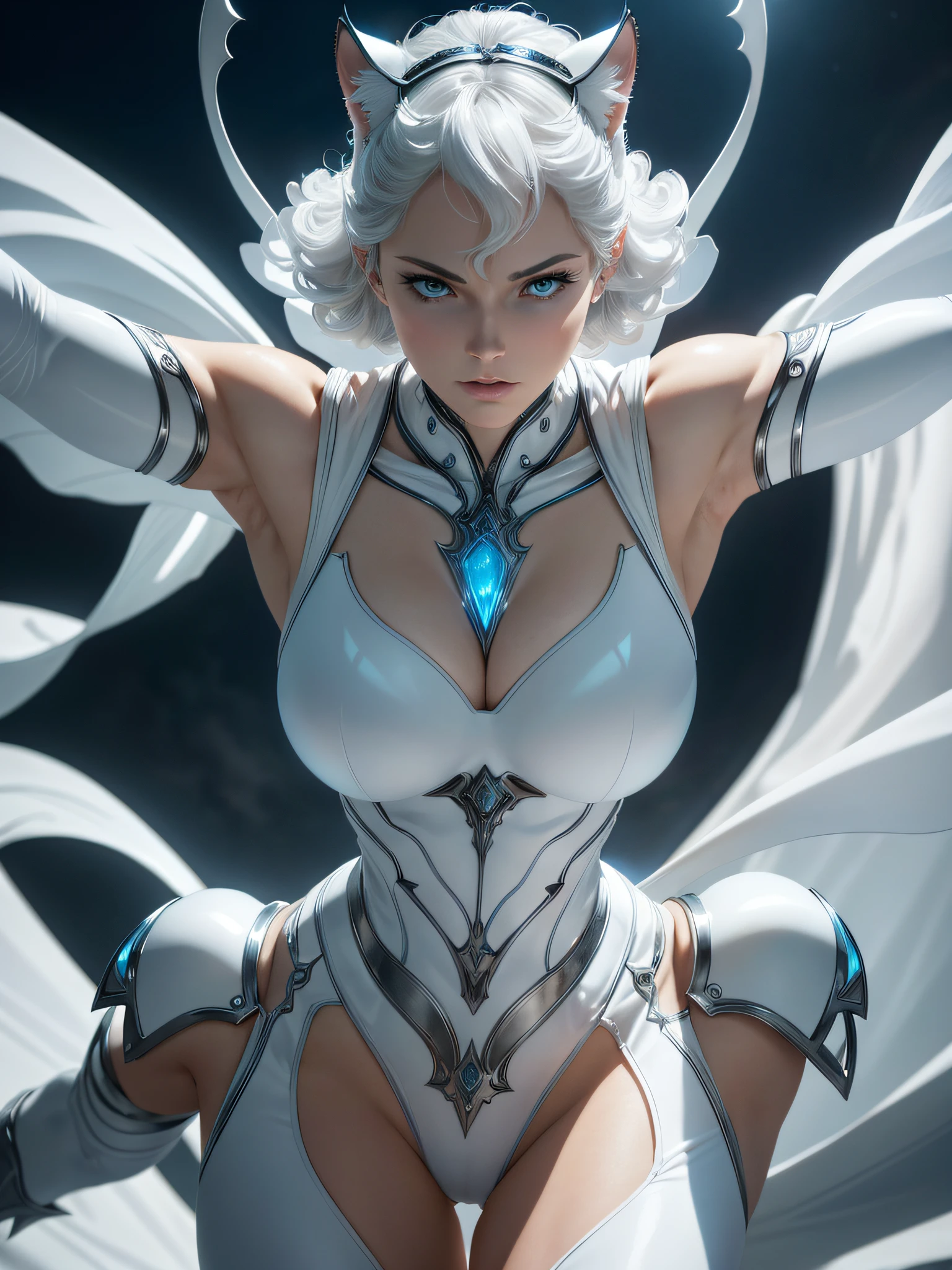 White Catwoman, background is cloudy blue sky, fantasy, magical, intricate details,dramatic,(dynamic upper body pose:1.1), dramatic lighting,depth of field. Best quality, masterpiece, ultra high res,(anime realism, photorealistic:1.4), perfect composition, centered, symmetry